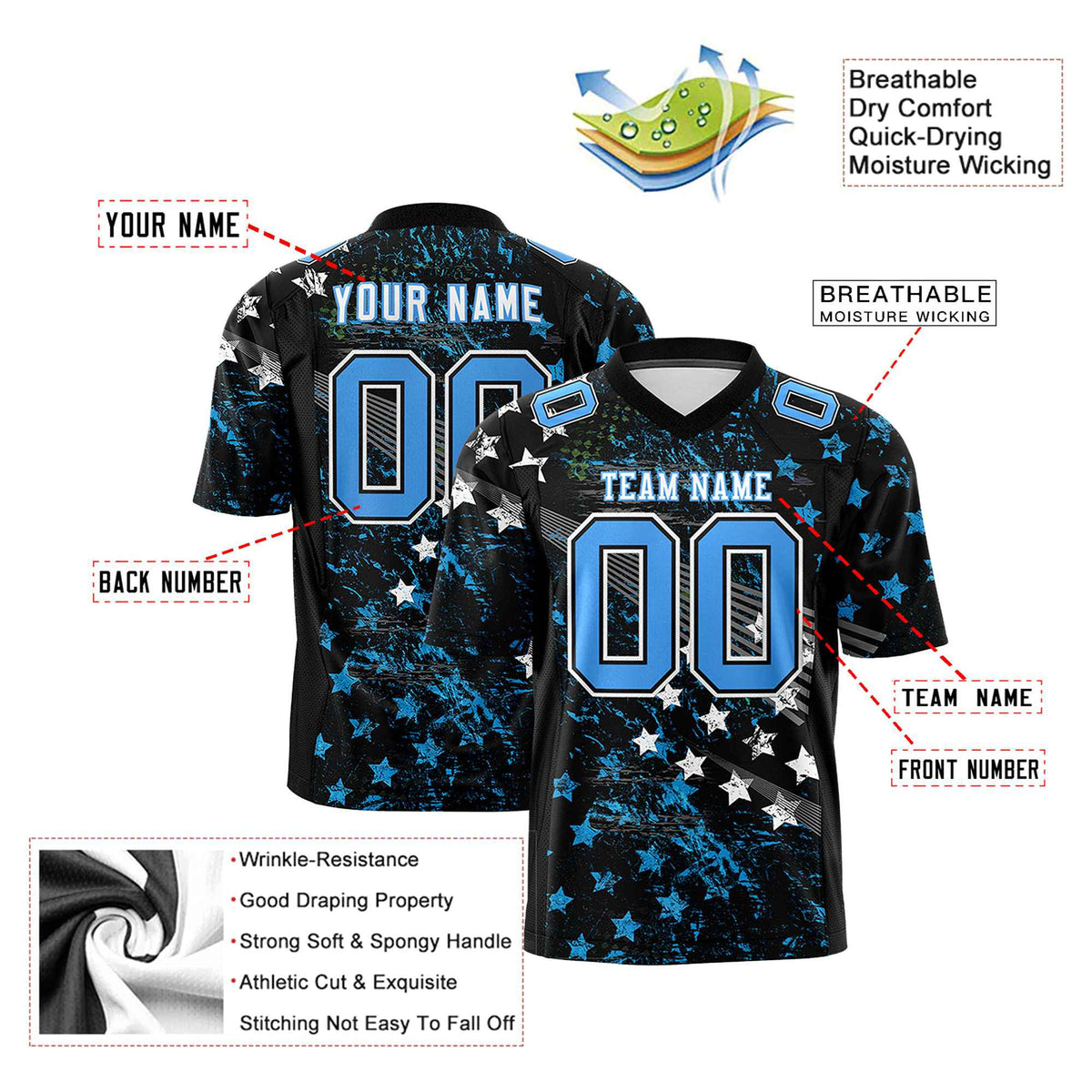 Custom Personalized Star Black Blue Graffiti Pattern Design Authentic Football Jersey