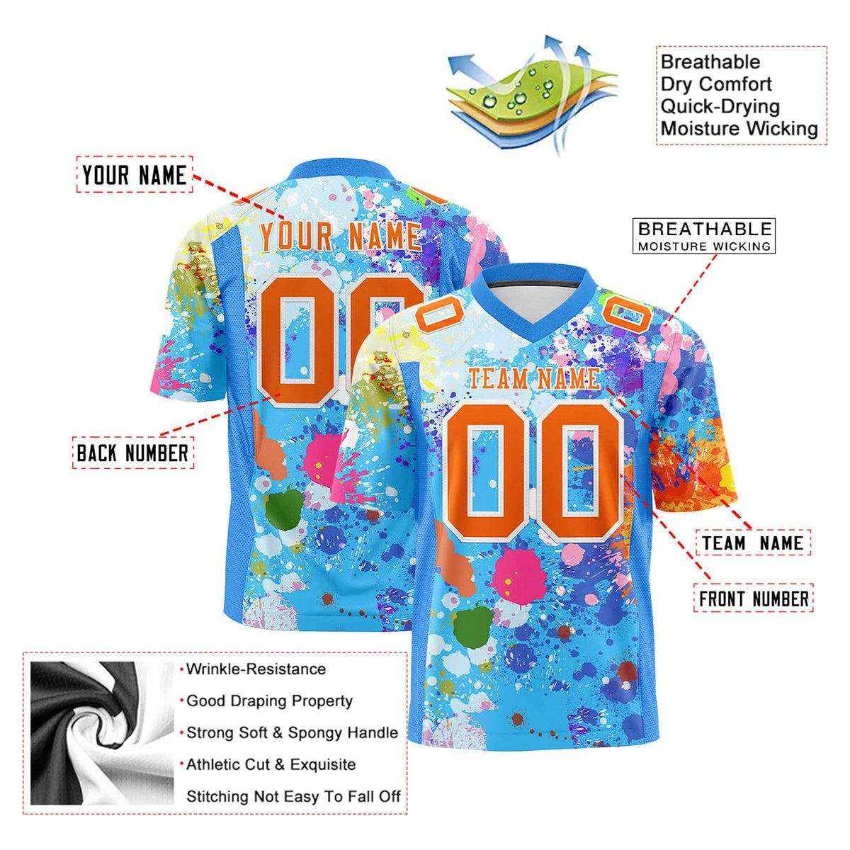 Custom Personalized Sublimated Football Jersey Personalized Paint Splatter Design