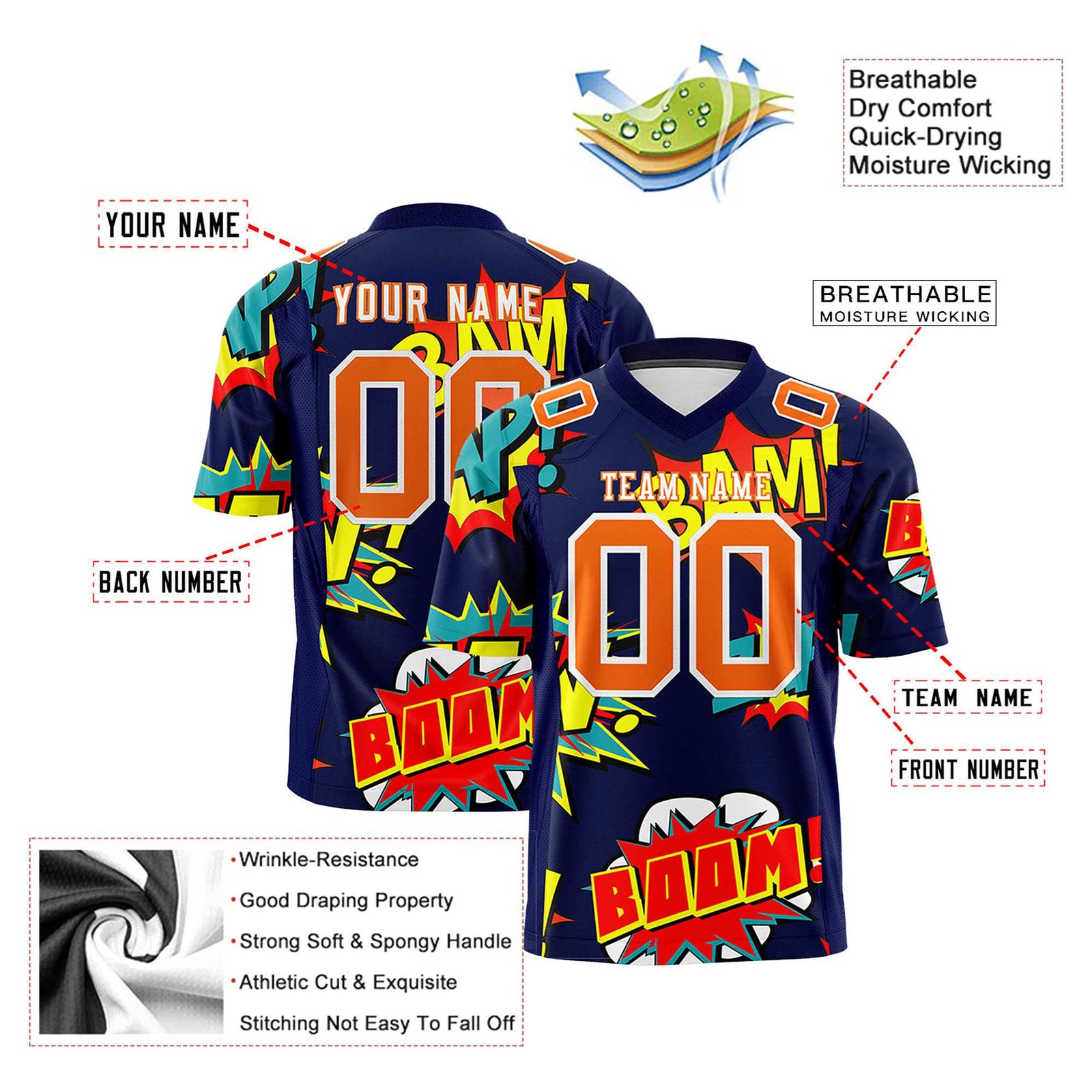 Custom Personalized Blue Football Jersey - Comic Book POW! Design