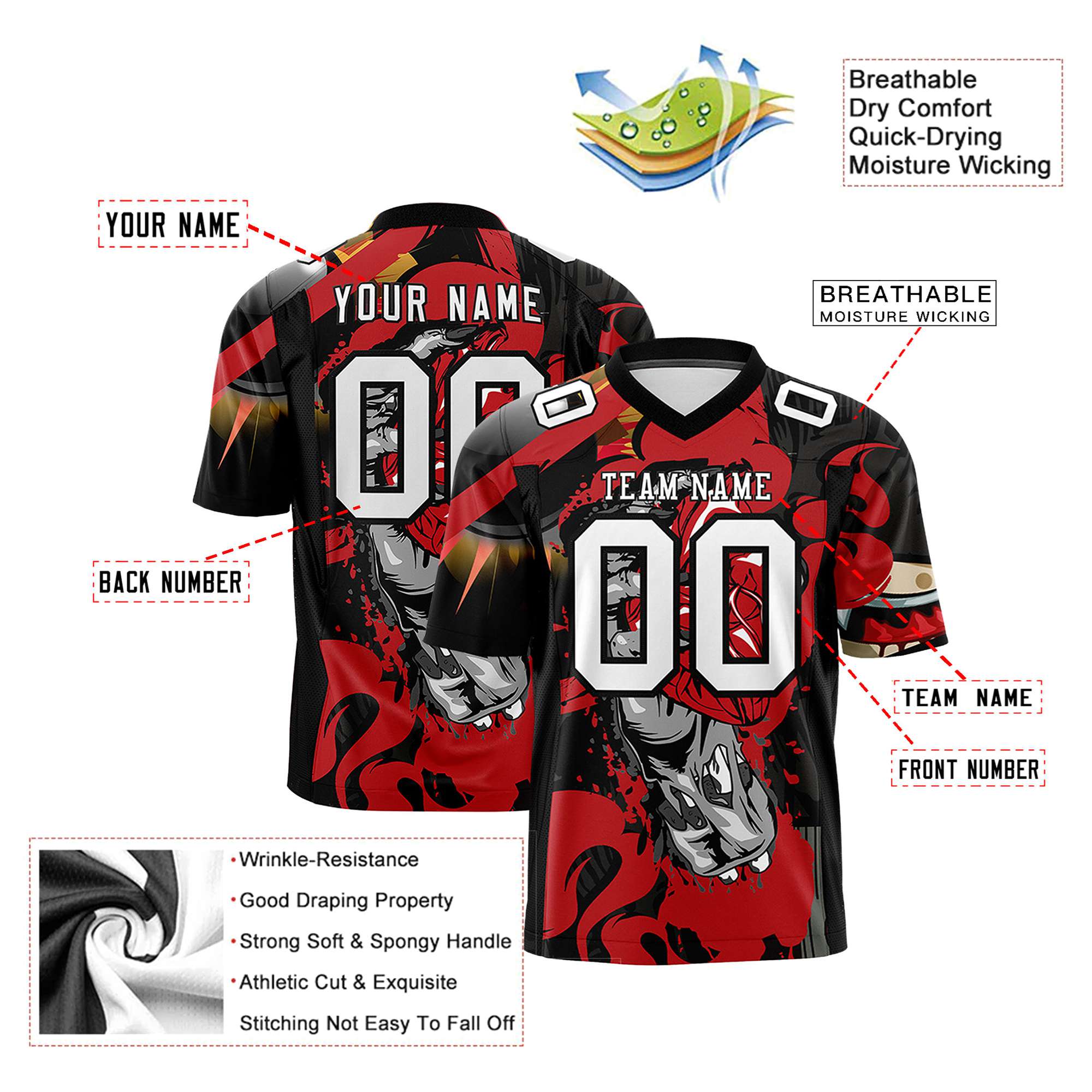 Custom Personalized Red & Black Design Embroidered Football Jersey Personalized Name & Number