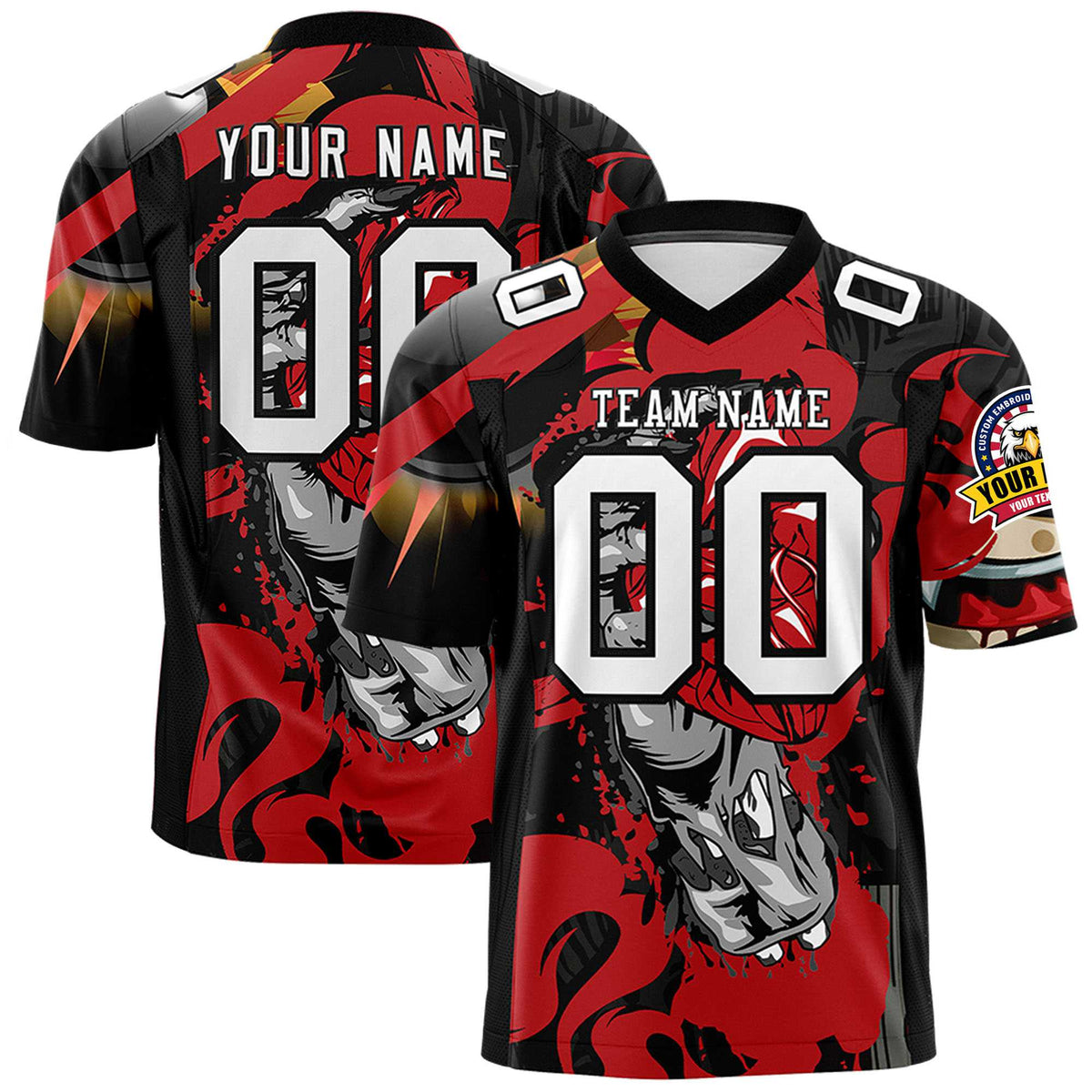 Custom Personalized Red &amp; Black Design Embroidered Football Jersey Personalized Name &amp; Number