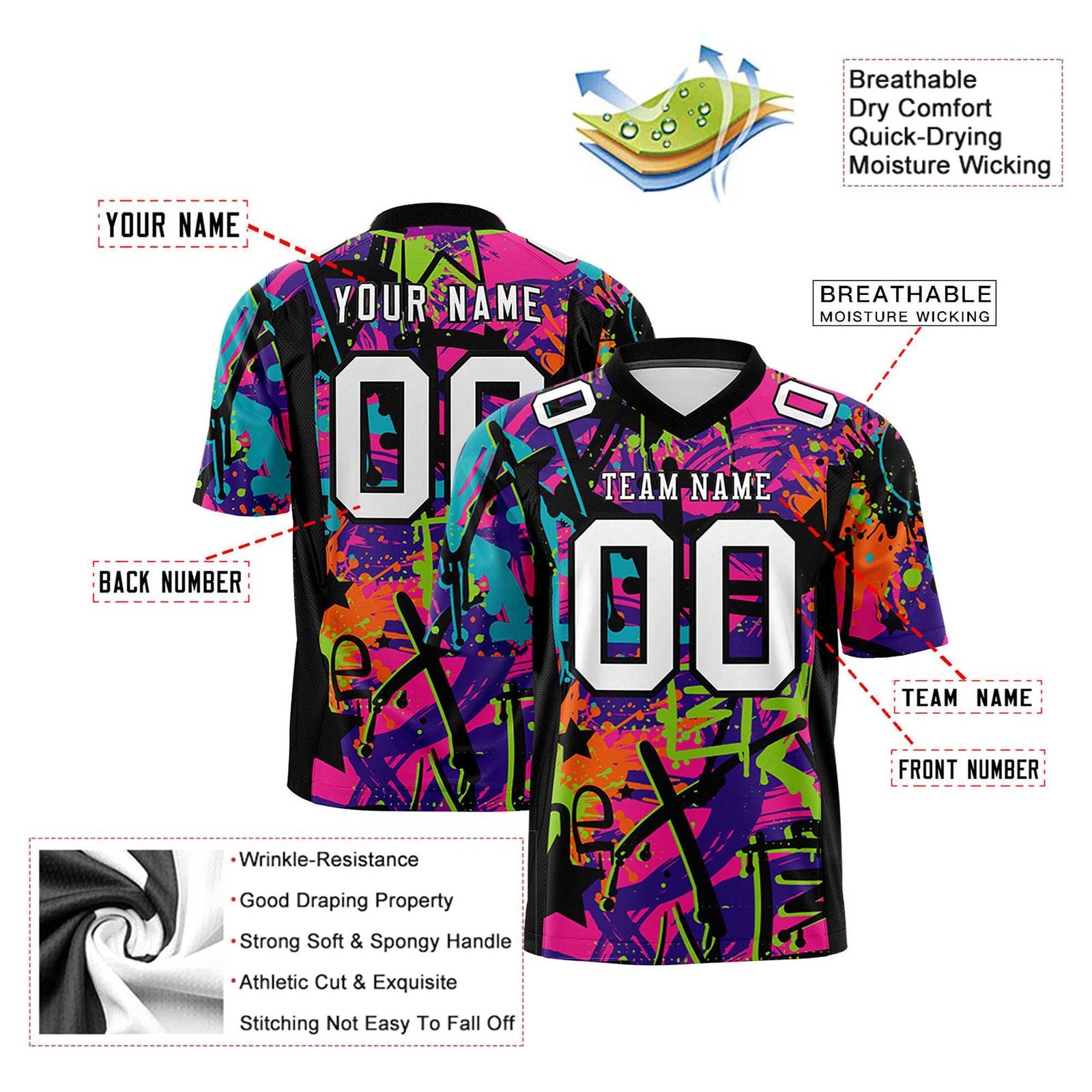 Custom Personalized Design Your Own Football Jersey - Unique Colorful Graffiti Style