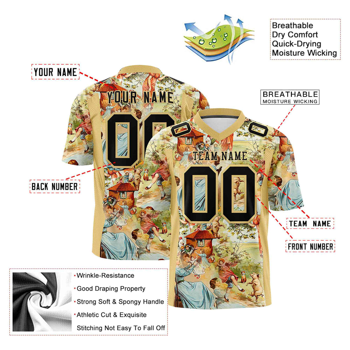 Custom Personalized Football Jersey - Vintage Storybook Design Personalized Name & Number