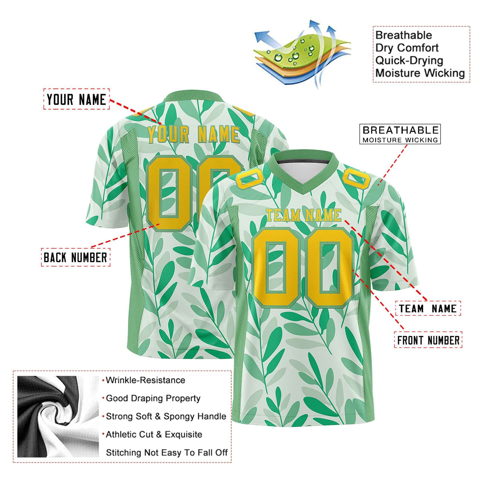 Custom Personalized Football Green Jersey - Nature-Inspired Leaf Pattern Personalized Name & Number