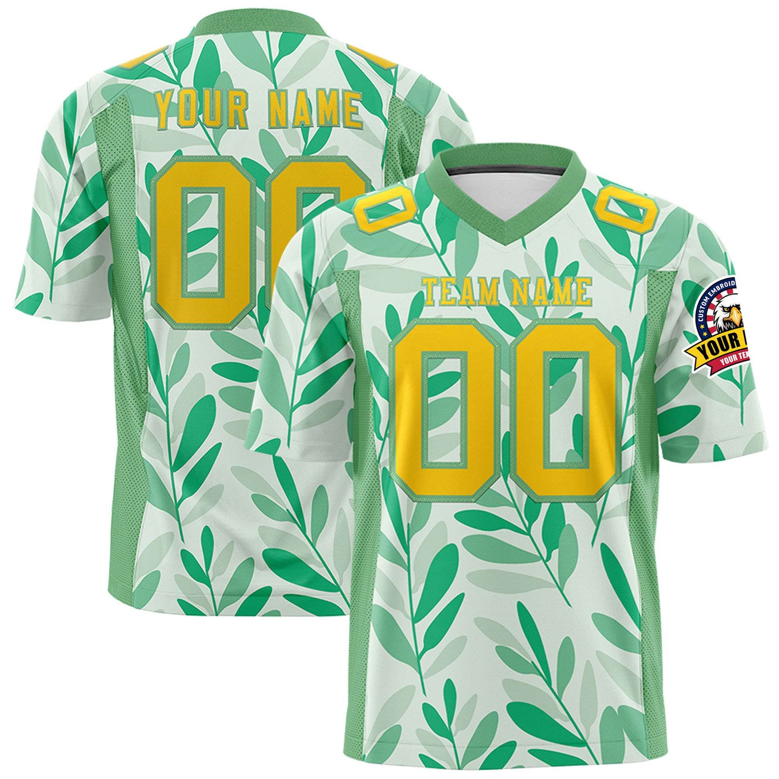 Custom Personalized Football Green Jersey - Nature-Inspired Leaf Pattern Personalized Name & Number