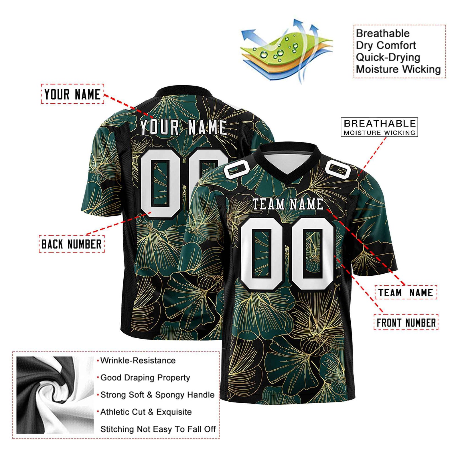 Custom Football Jersey Elegant Floral Pattern on Black - Personalized Name & Number