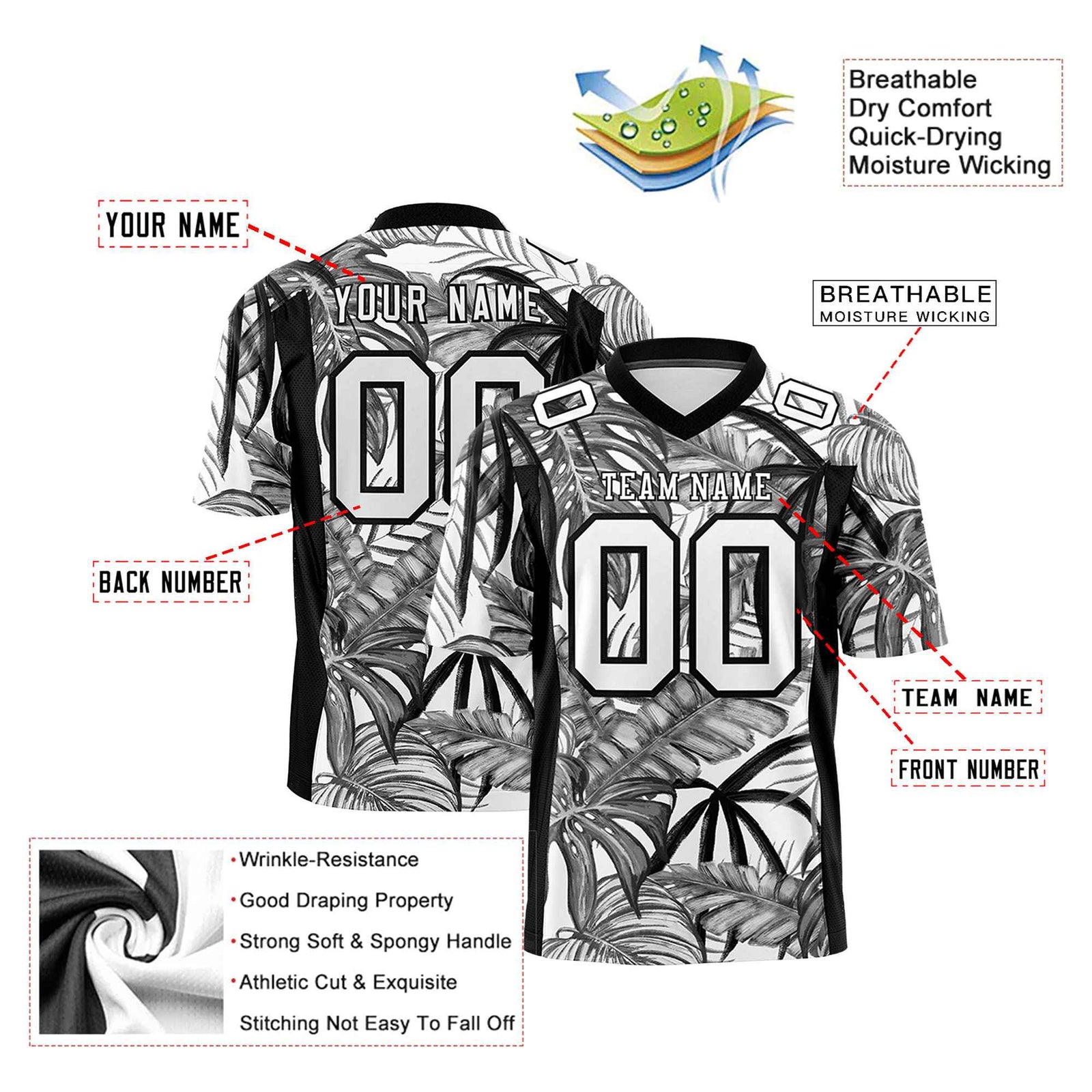 Custom Football Jersey Monochrome Tropical Leaves - Personalized Name & Number
