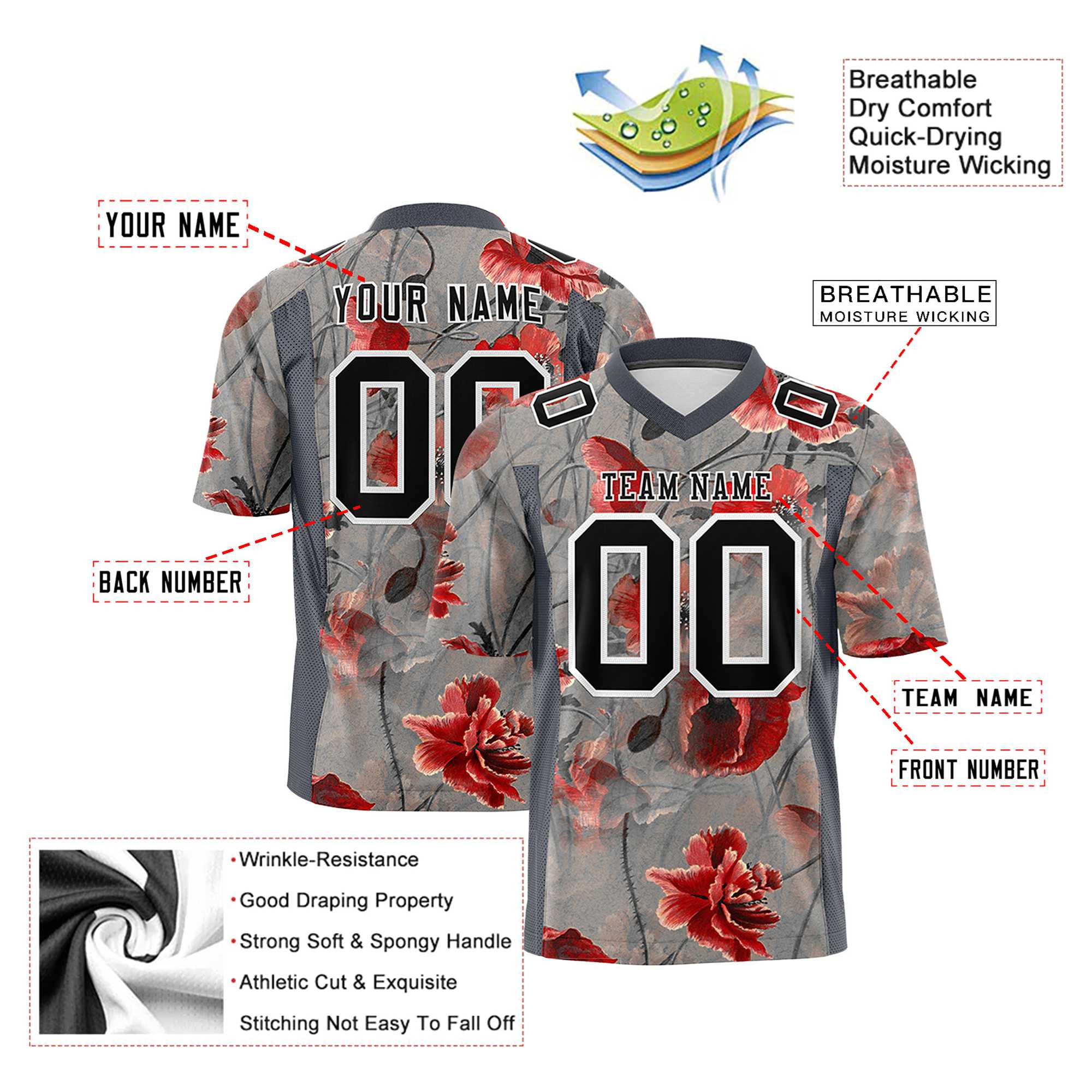 Custom Gray Football Jersey Personalized Name & Number, Vintage Poppy Design