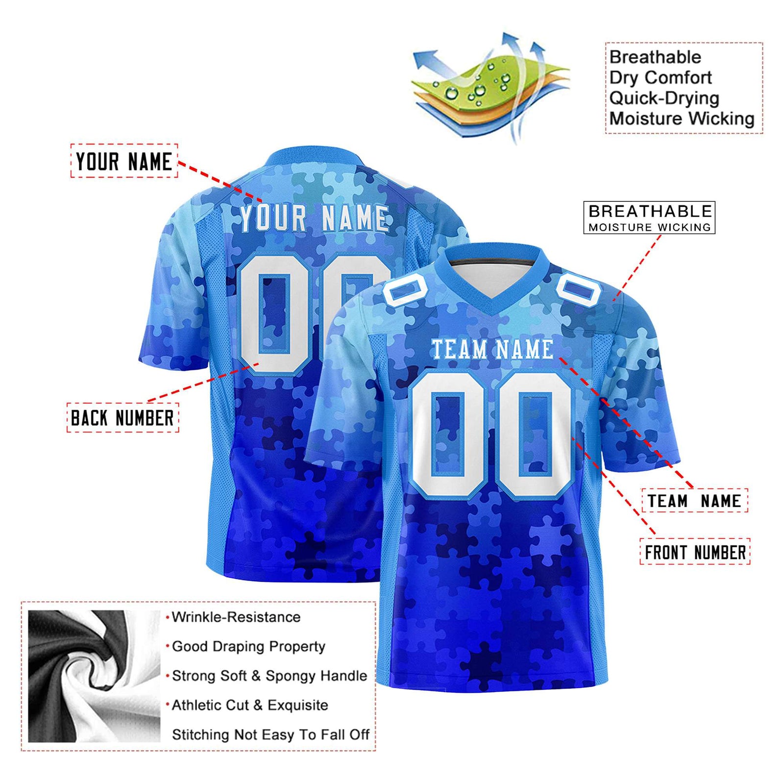Custom Jigsaw Puzzle Football Jersey Sublimated Blue Customizable Name & Number