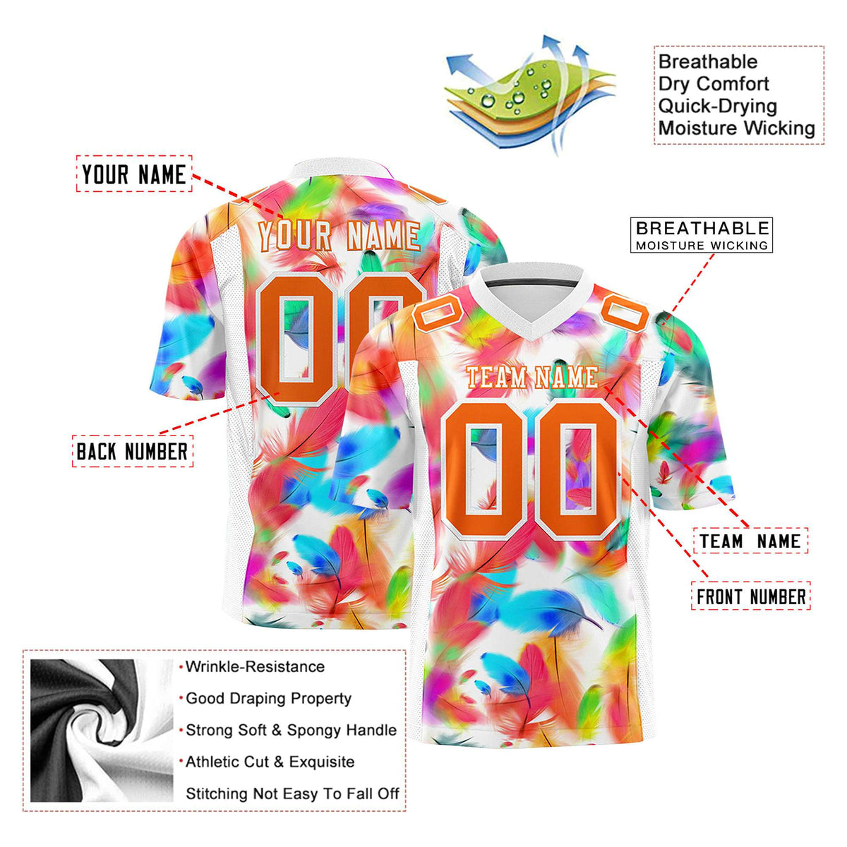 Custom Colorful Feather Football Jersey Sublimated Design Customizable Name & Number