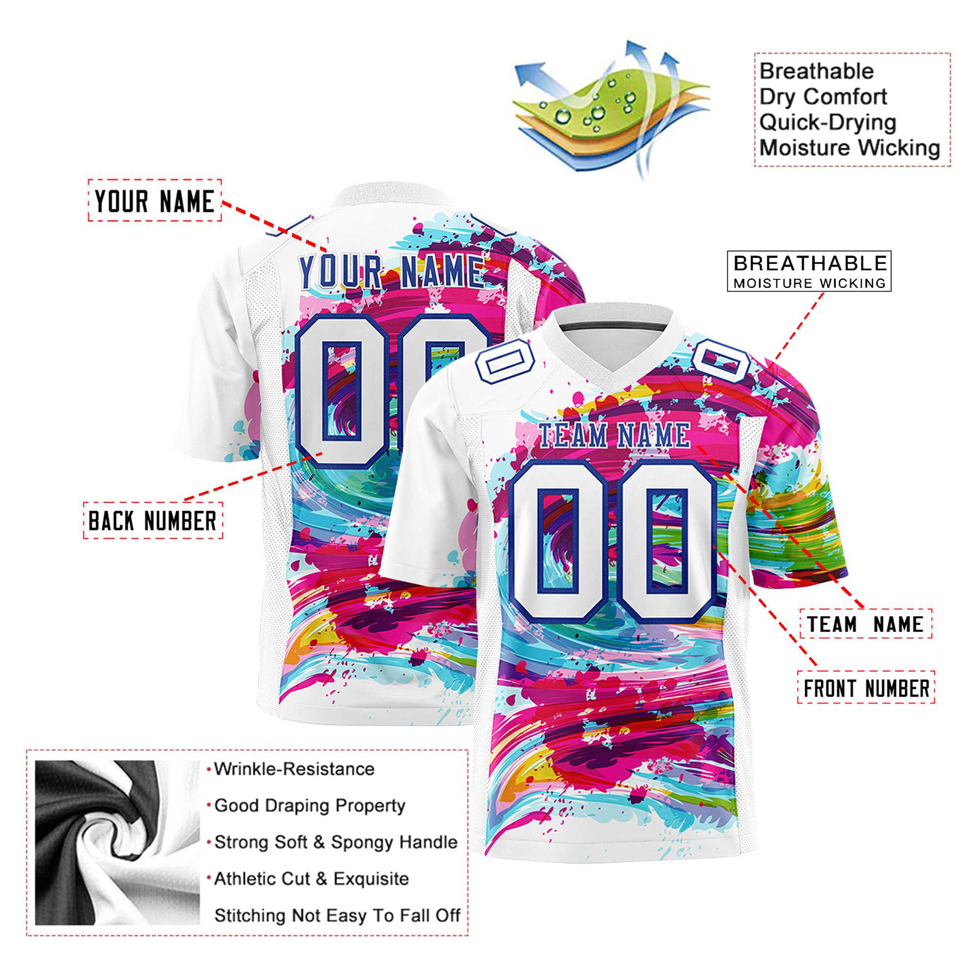 Custom Abstract Paint Splash Football Jersey | Sublimated Design Customizable Name & Number