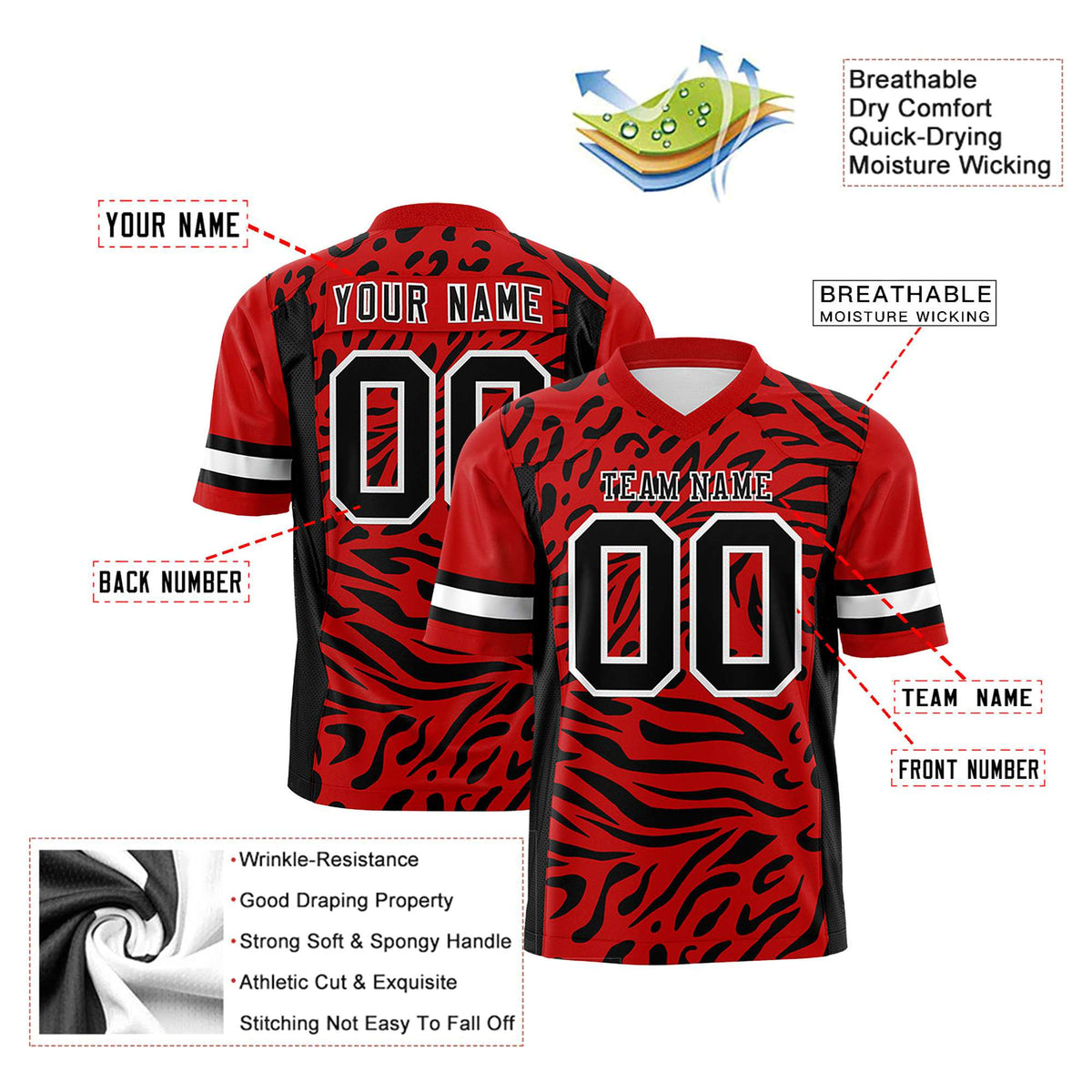 Custom Red Black-White Mesh Zebra Style Football Jersey