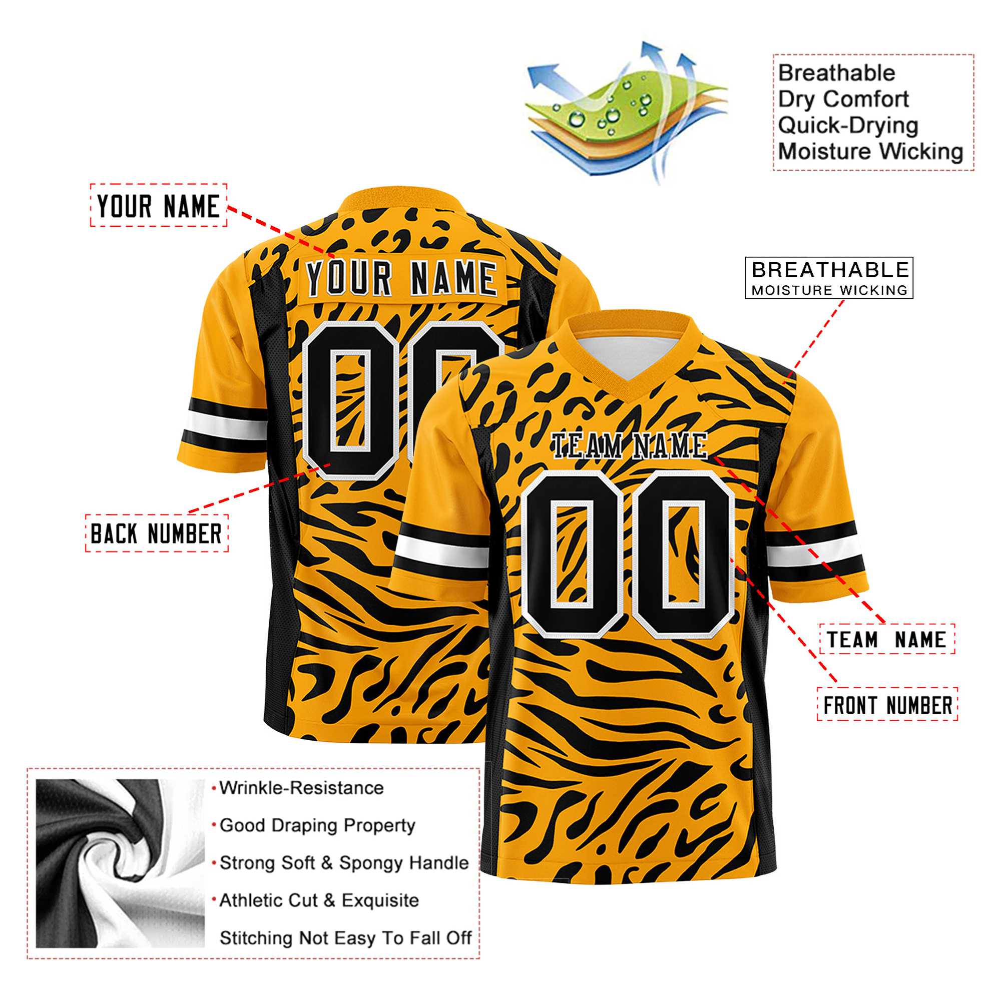 Custom Yellow Black-White Mesh Zebra Style Football Jersey