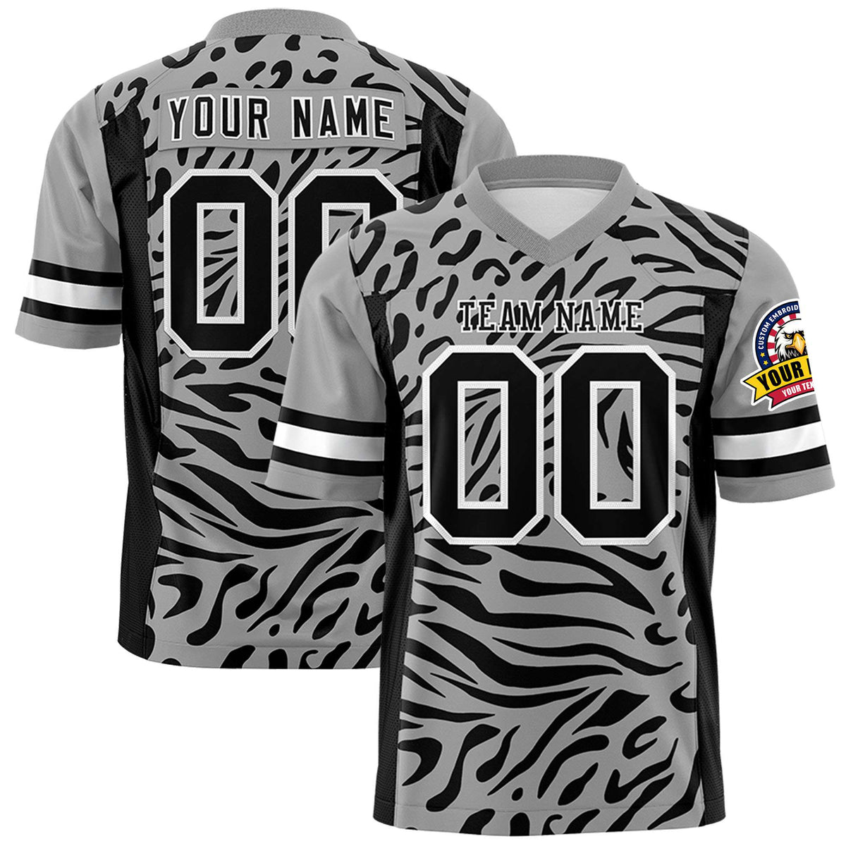 Custom Gray Black-White Mesh Zebra Style Football Jersey