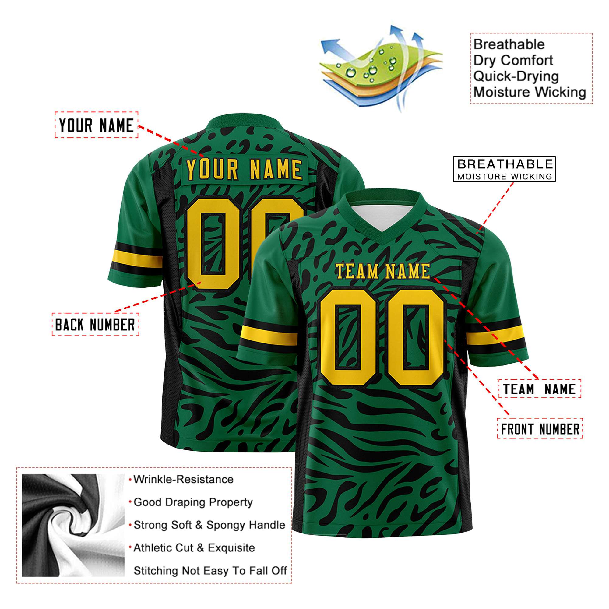 Custom Kelly Green Gold-Black Mesh Zebra Style Football Jersey