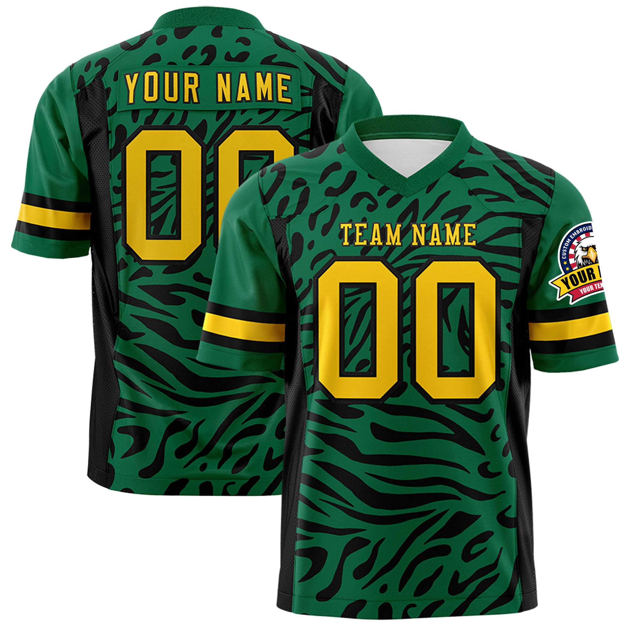 Custom Kelly Green Gold-Black Mesh Zebra Style Football Jersey