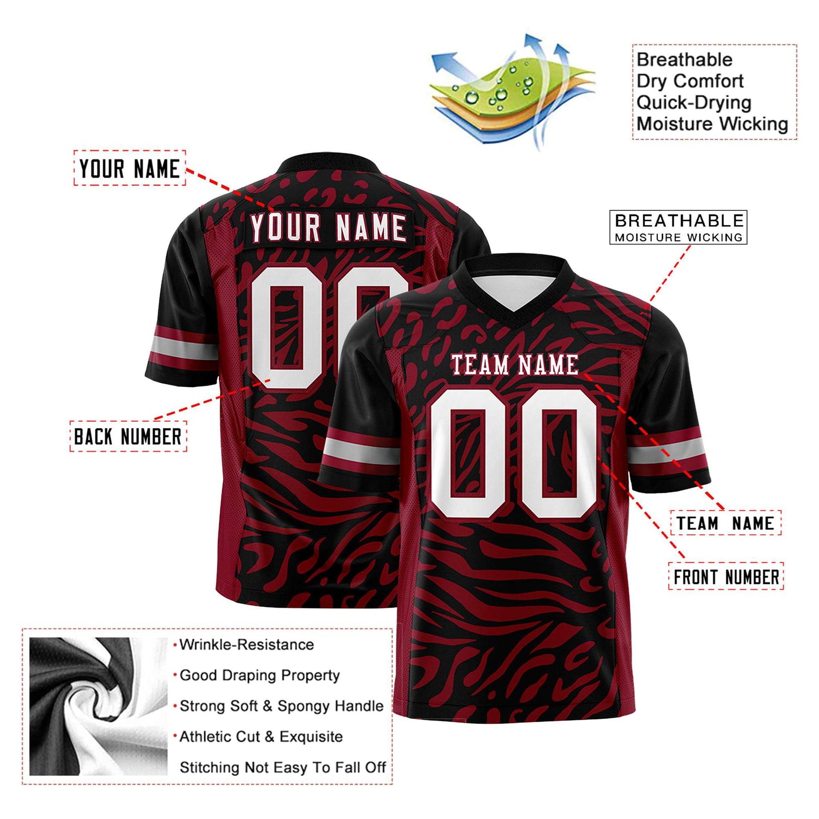 Custom Crimson Black-White Mesh Zebra Style Football Jersey