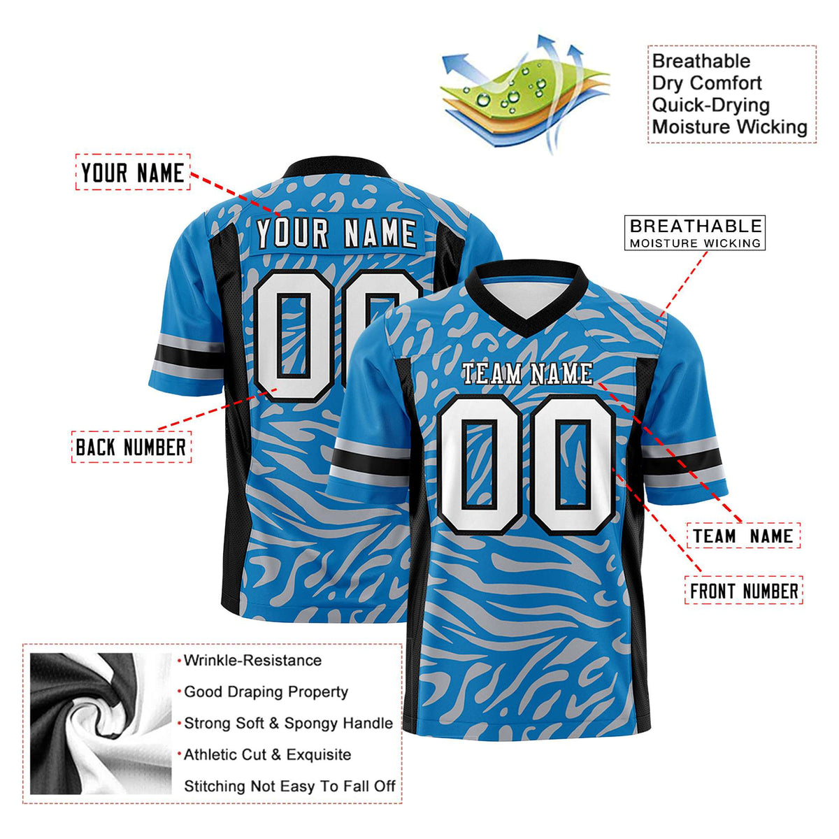 Custom Light Blue Black-White Mesh Zebra Style Football Jersey