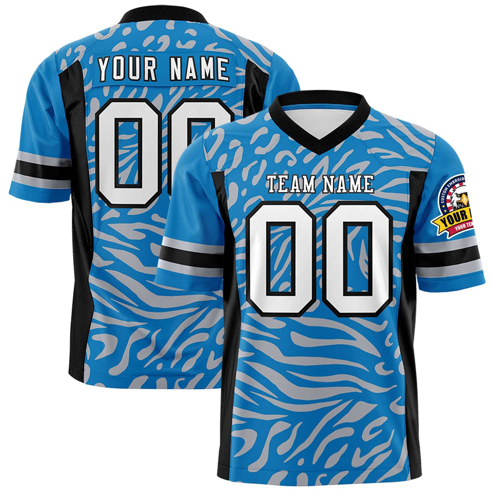 Custom Light Blue Black-White Mesh Zebra Style Football Jersey
