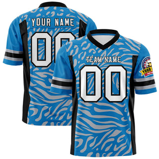 Custom Light Blue Black-White Mesh Zebra Style Football Jersey