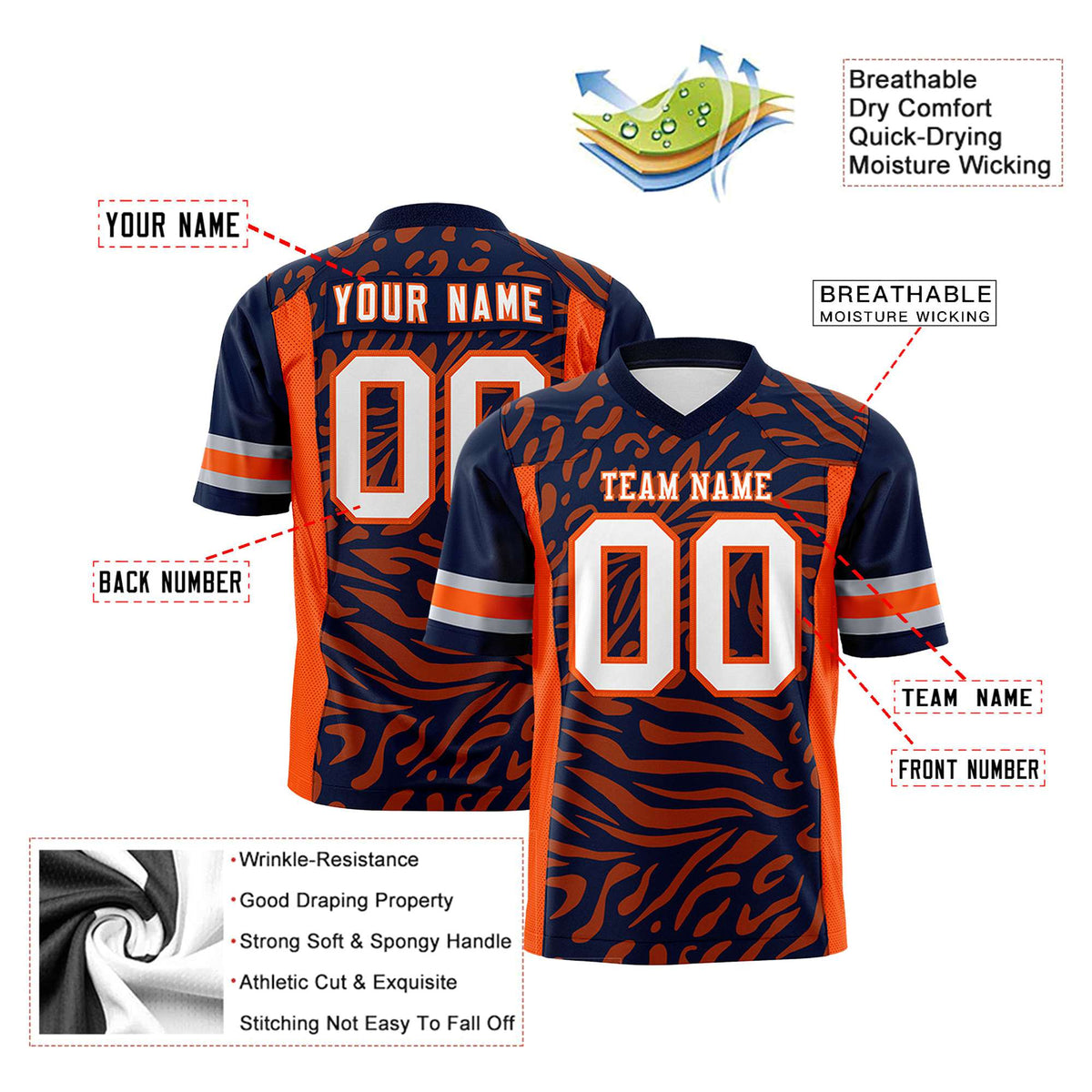 Custom Navy Orange-White Mesh Zebra Style Football Jersey