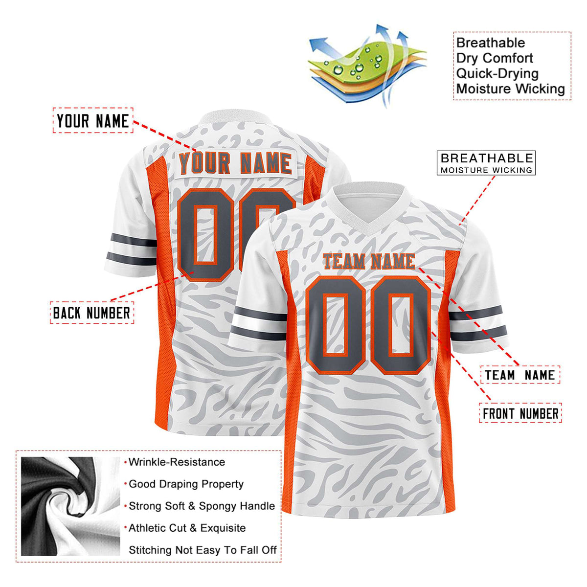 Custom White Orange-Gray Mesh Zebra Style Football Jersey