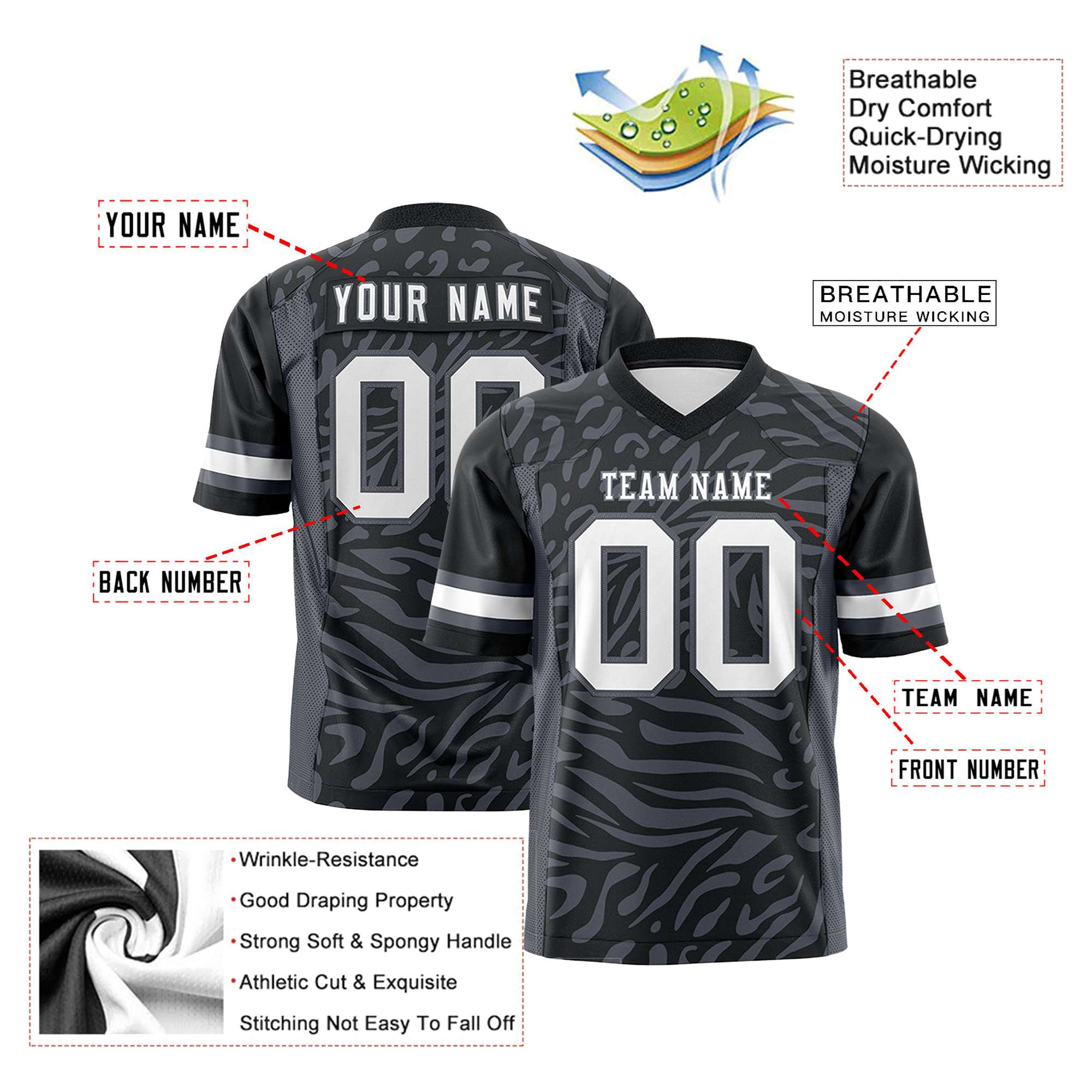 Custom Black Dark Gray-White Mesh Zebra Style Football Jersey