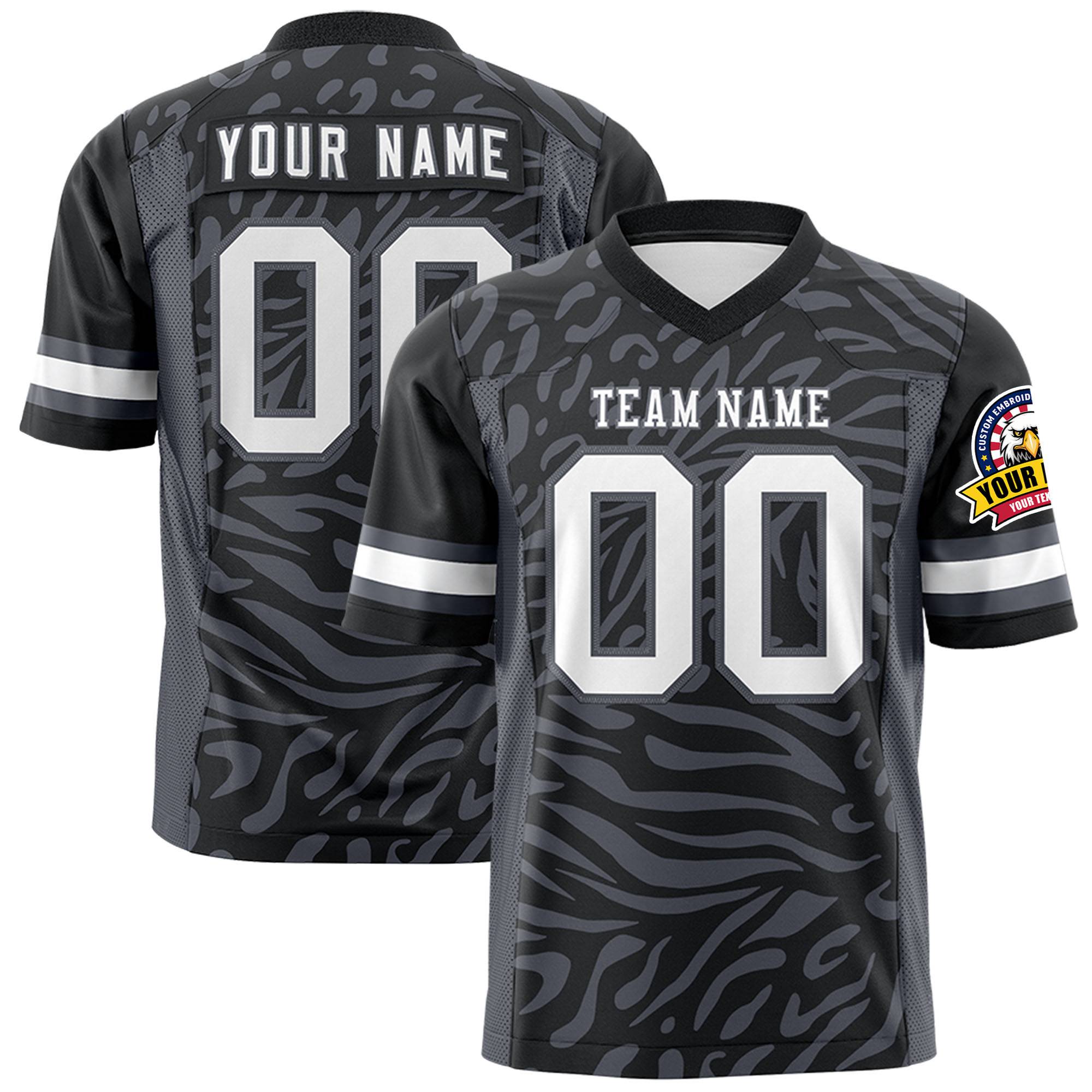 Custom Black Dark Gray-White Mesh Zebra Style Football Jersey