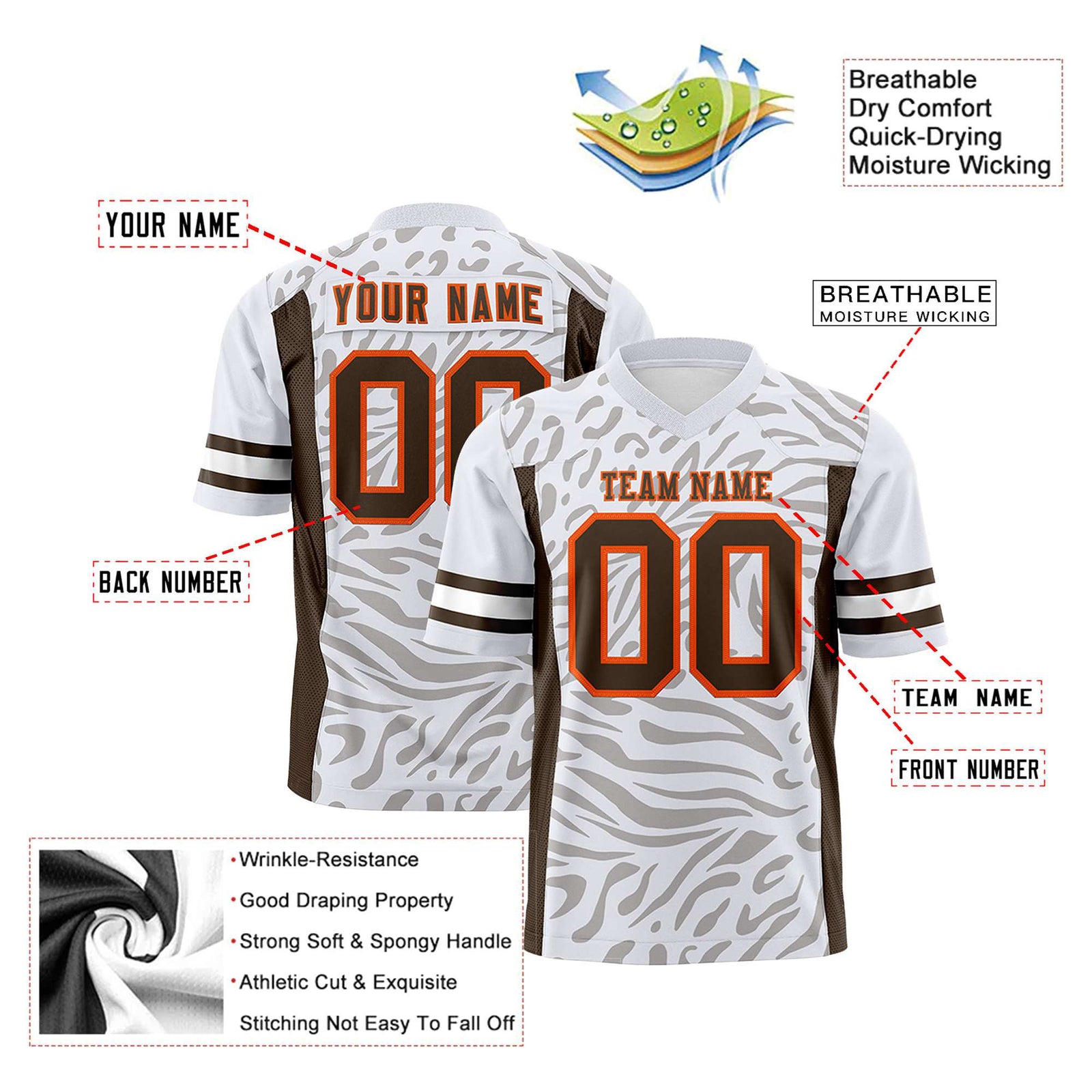 Custom White Brown-Gray Mesh Zebra Style Football Jersey