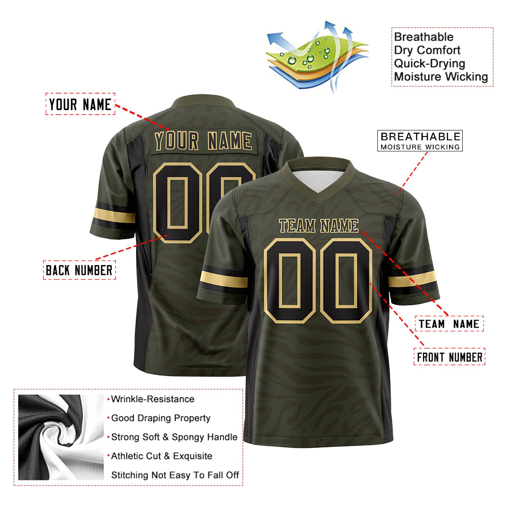 Custom Olive Black-Khaki Mesh Zebra Style Football Jersey