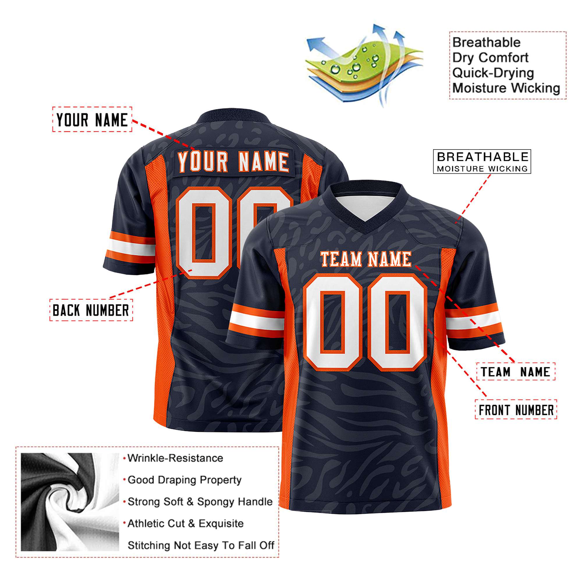 Custom Navy Orange-White Mesh Zebra Style Football Jersey