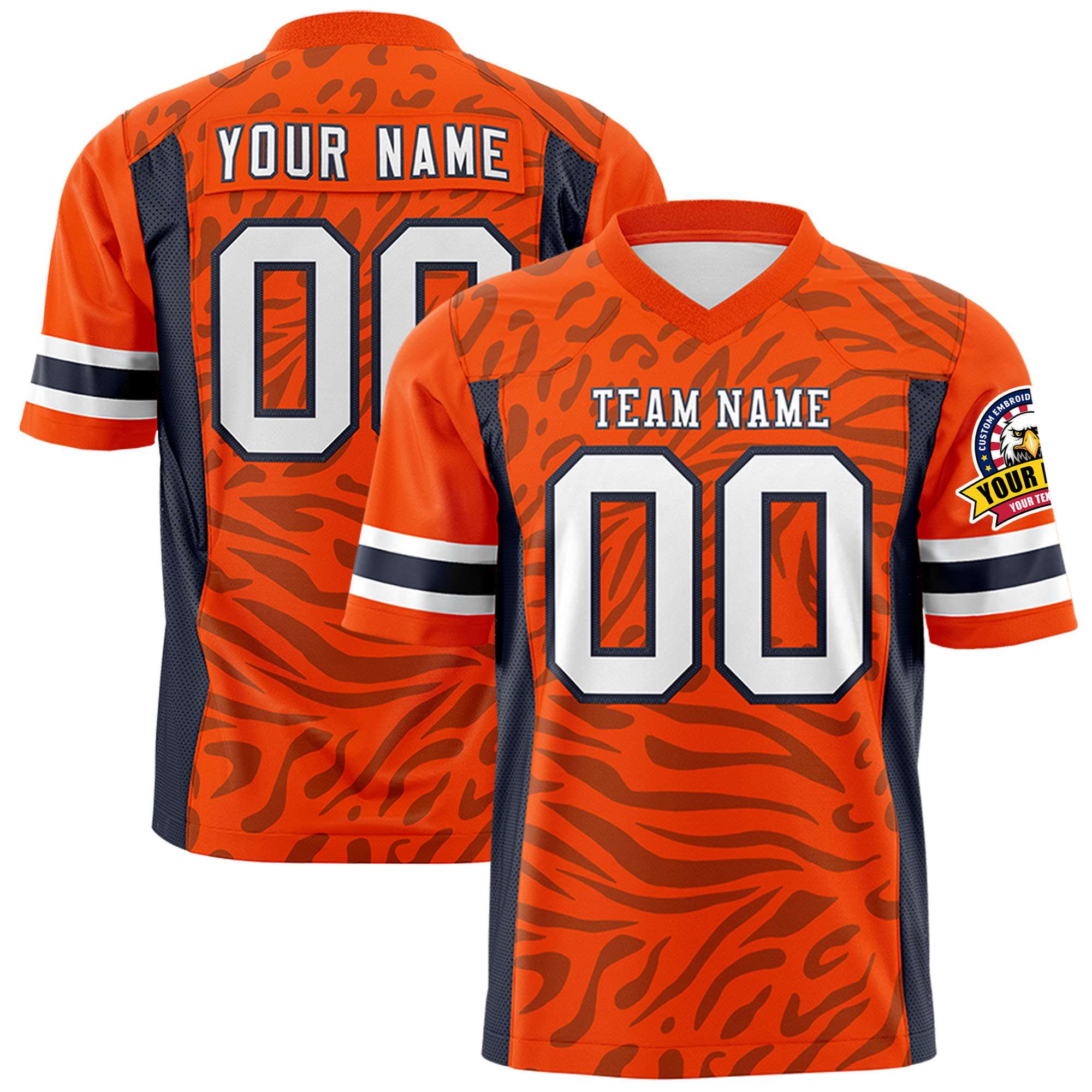 Custom Orange Navy-White Mesh Zebra Style Football Jersey