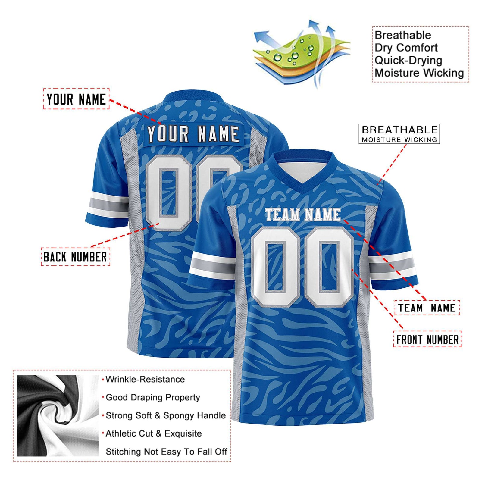 Custom Royal Blue Gray-White Mesh Zebra Style Football Jersey