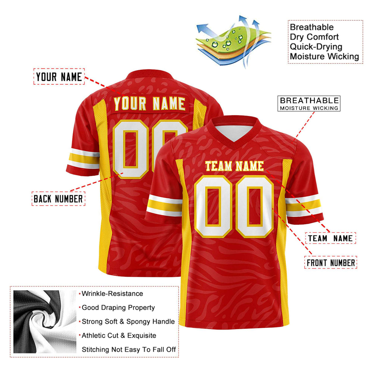 Custom Red Gold-White Mesh Zebra Style Football Jersey