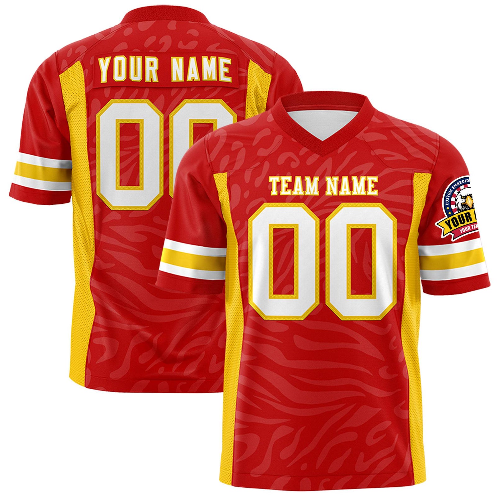 Custom Red Gold-White Mesh Zebra Style Football Jersey