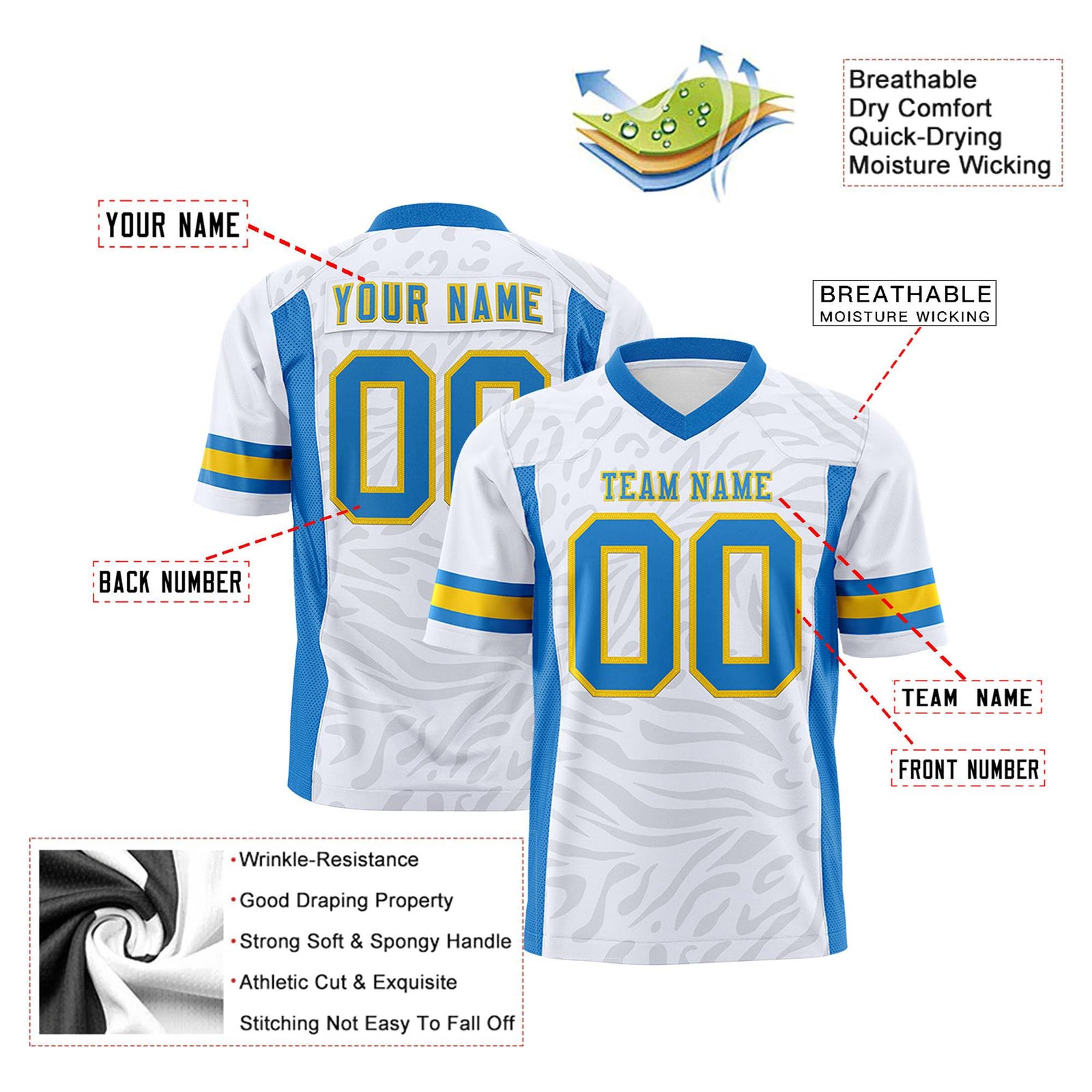 Custom White Powder Blue-Gold Mesh Zebra Style Football Jersey