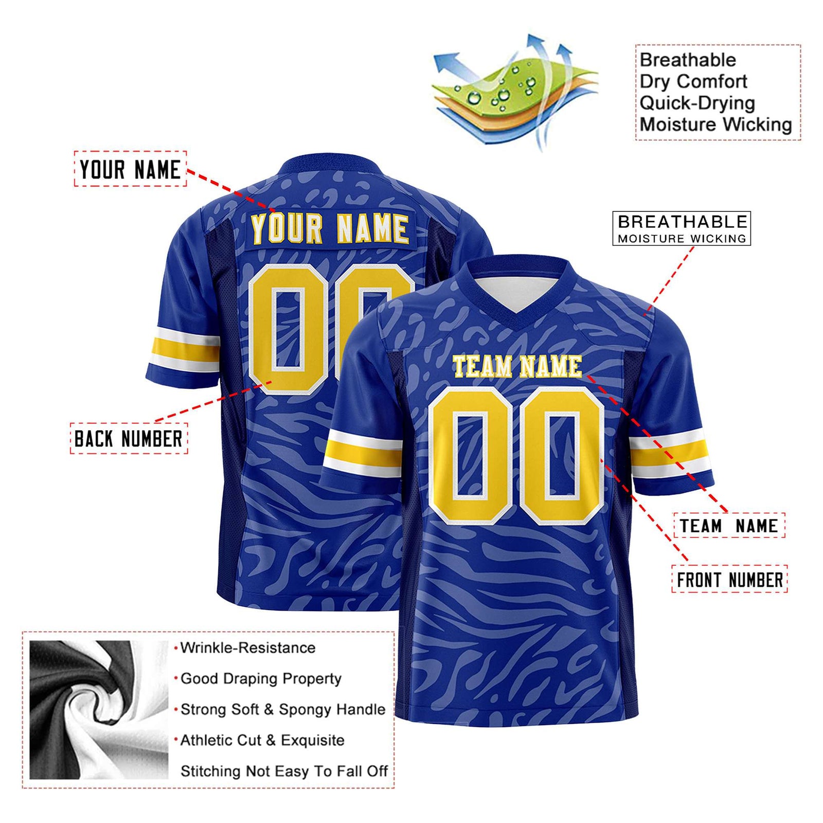 Custom Royal Blue Gold-White Mesh Zebra Style Football Jersey