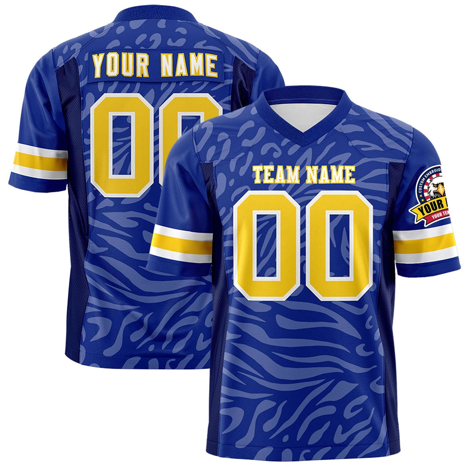 Custom Royal Blue Gold-White Mesh Zebra Style Football Jersey