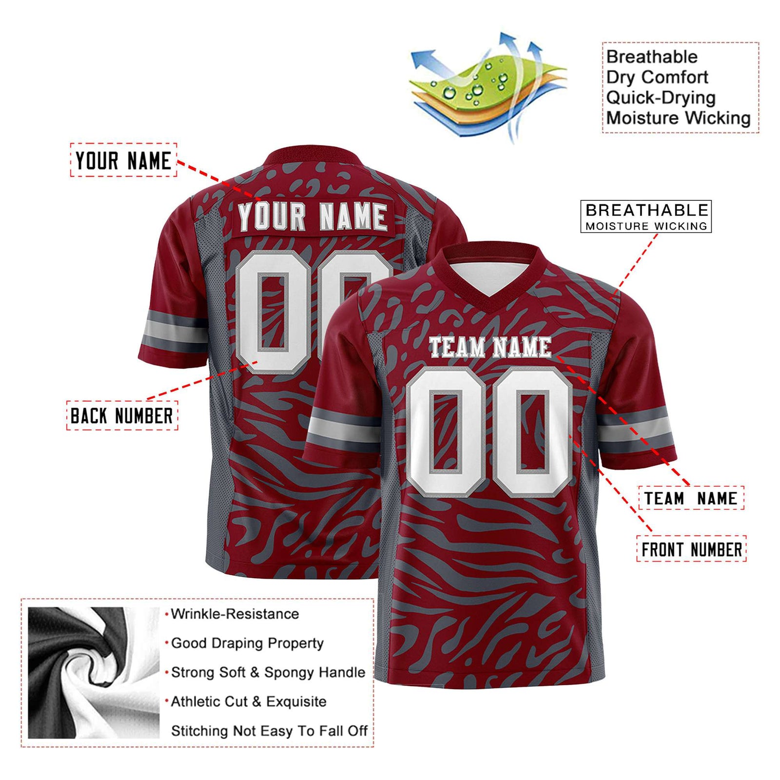 Custom Crimson Gray-White Mesh Zebra Style Football Jersey