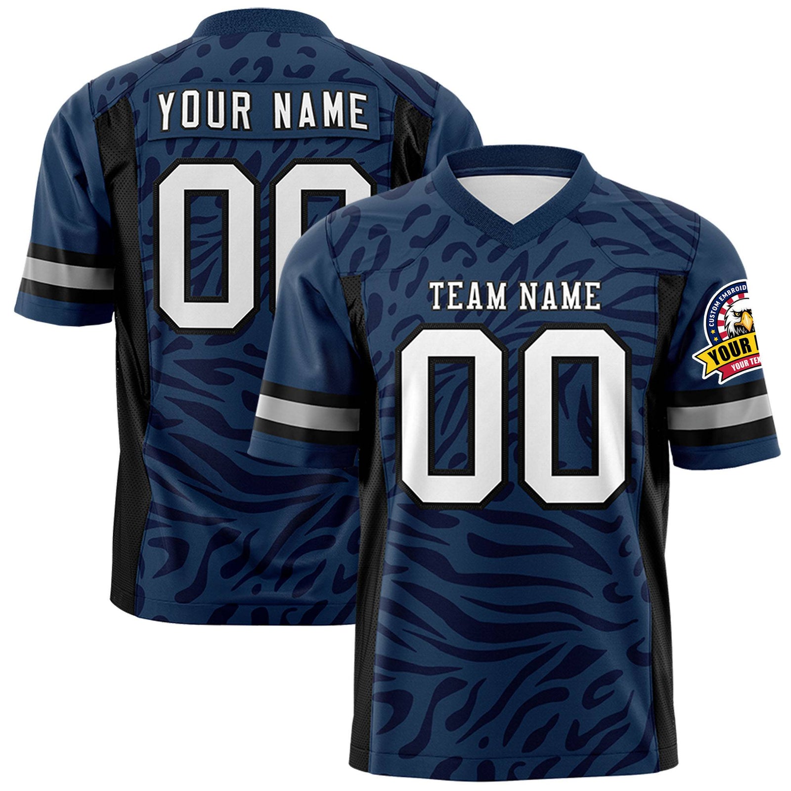 Custom Navy Black-White Mesh Zebra Style Football Jersey