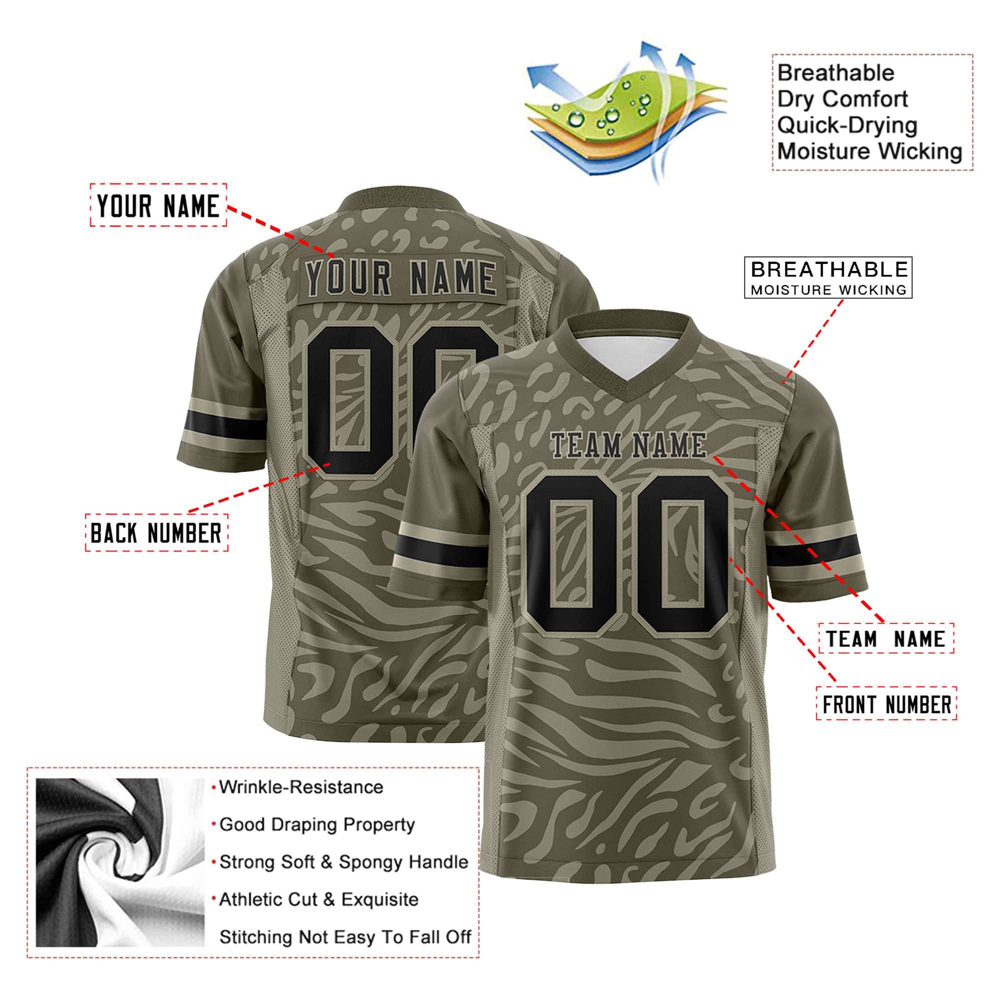 Custom Greyish Green Black-Khaki Mesh Zebra Style Football Jersey