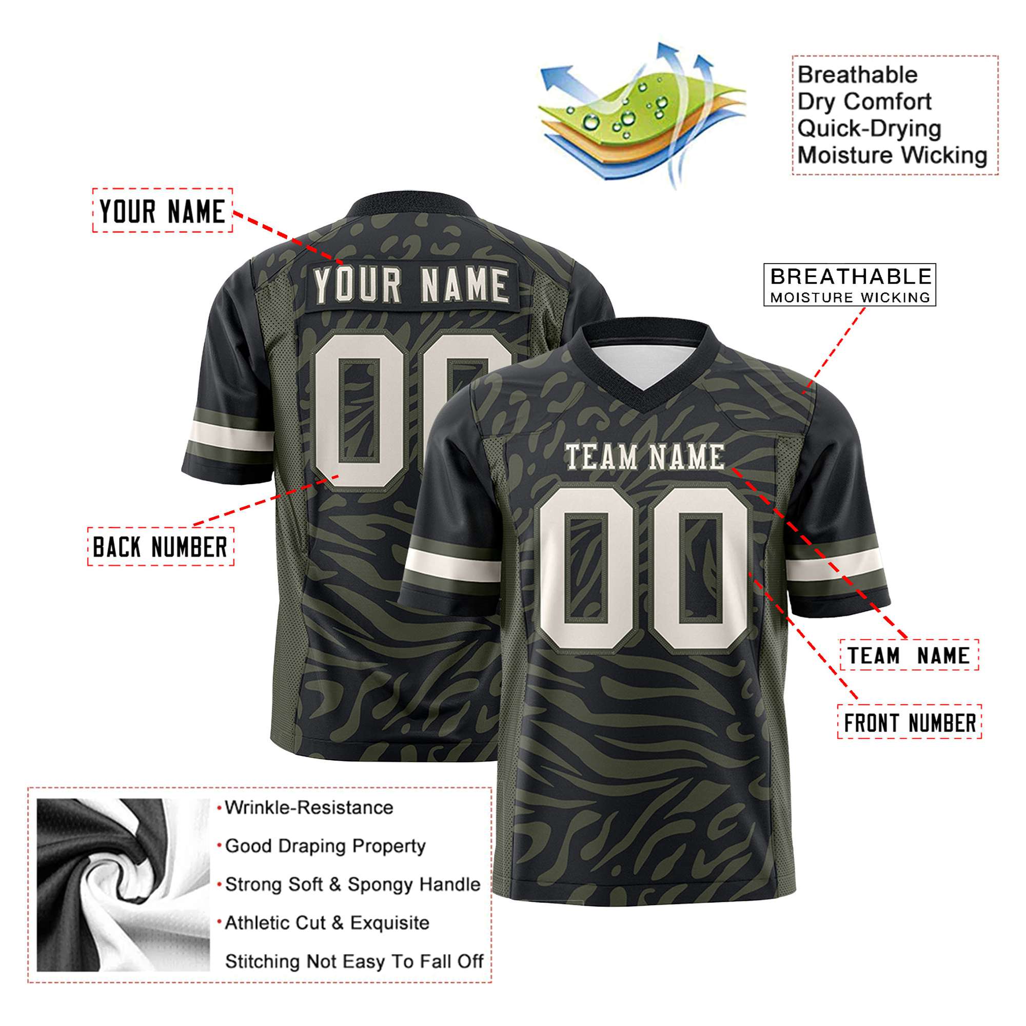 Custom Black Olive-Milky White Mesh Zebra Style Football Jersey