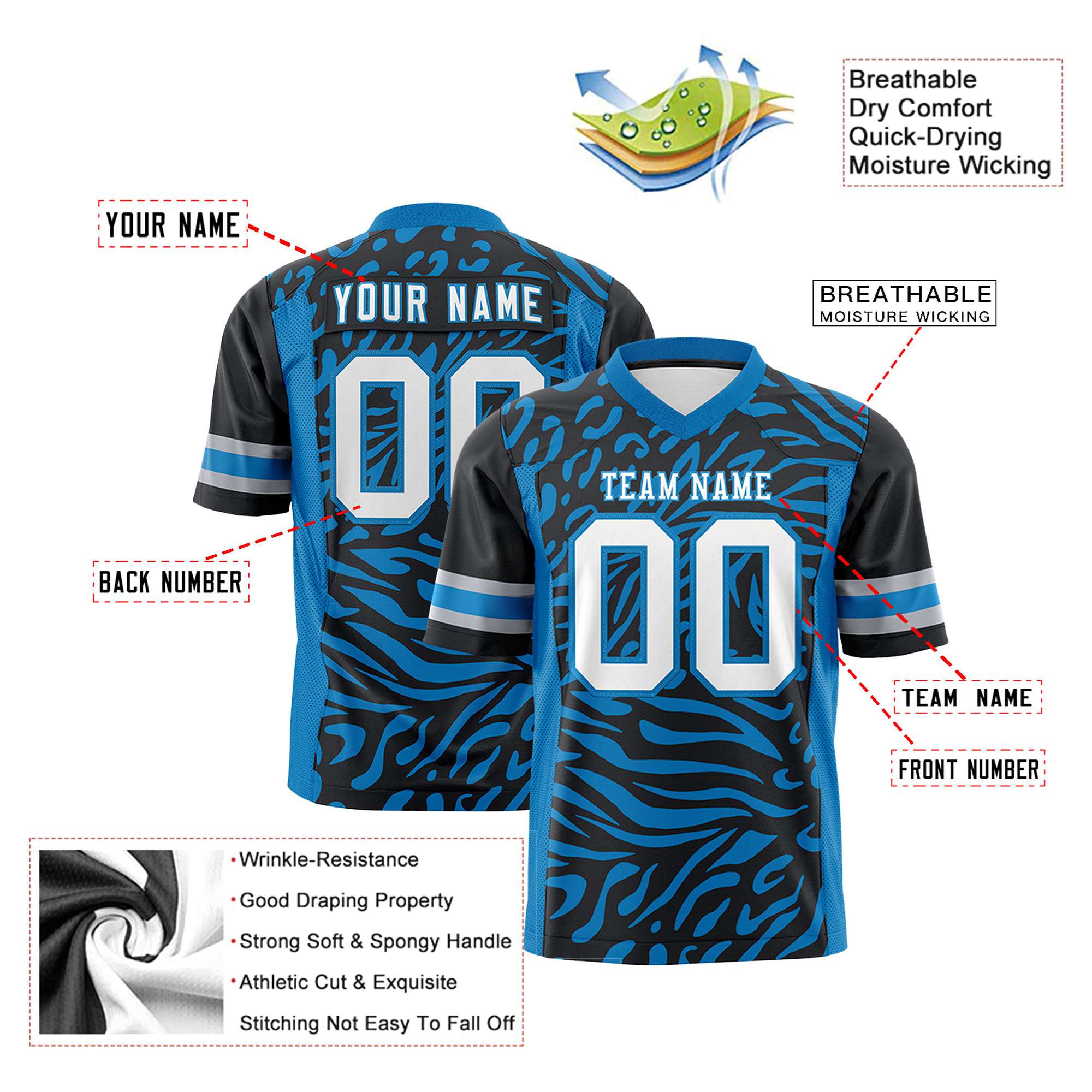 Custom Black Powder Blue-White Mesh Zebra Style Football Jersey