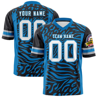 Camiseta de fútbol personalizada de malla estilo cebra, color azul polvo negro y blanco