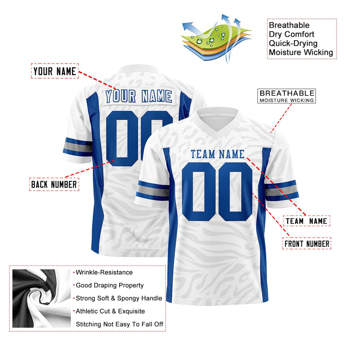 Custom White Gray-Royal Blue Mesh Zebra Style Football Jersey