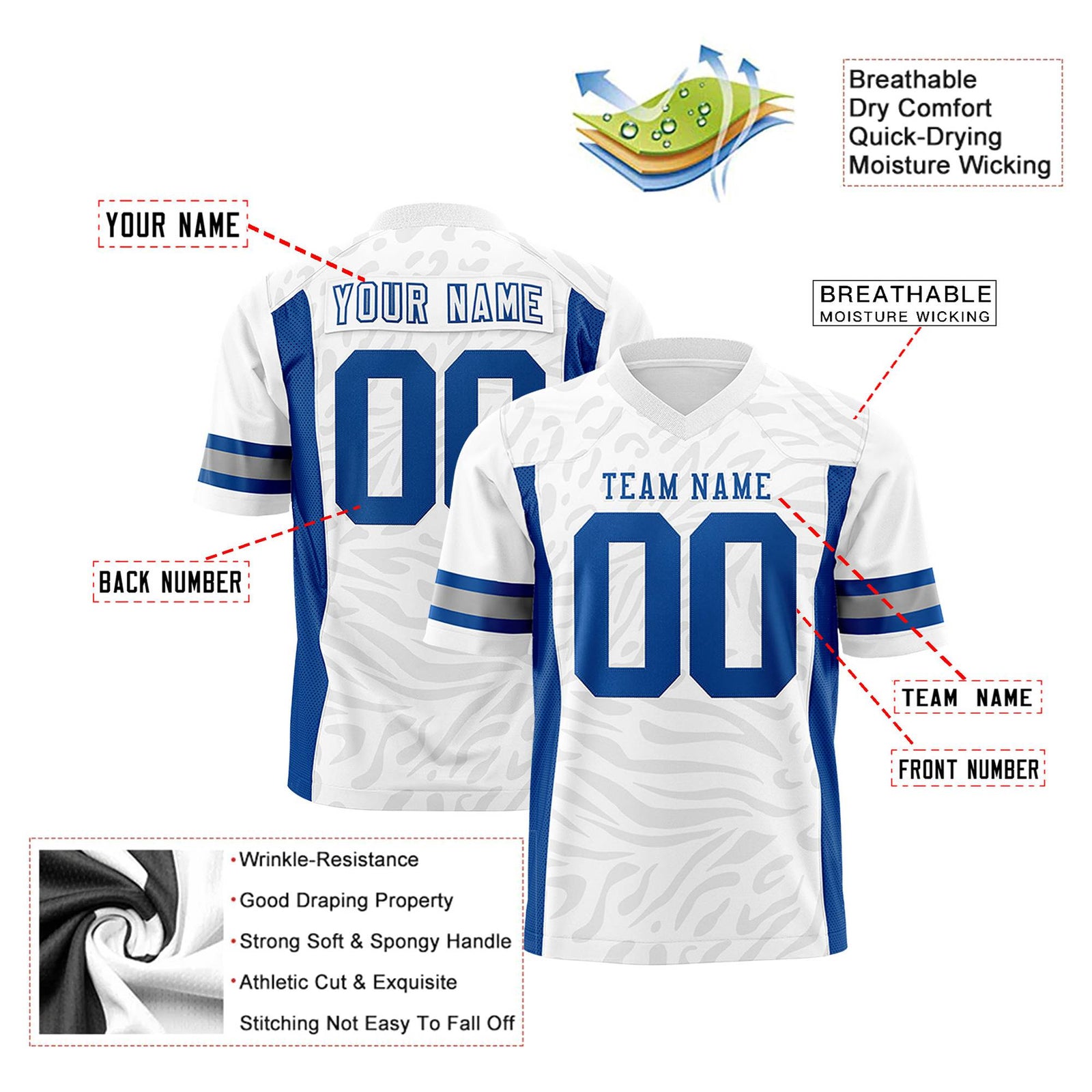 Custom White Gray-Royal Blue Mesh Zebra Style Football Jersey
