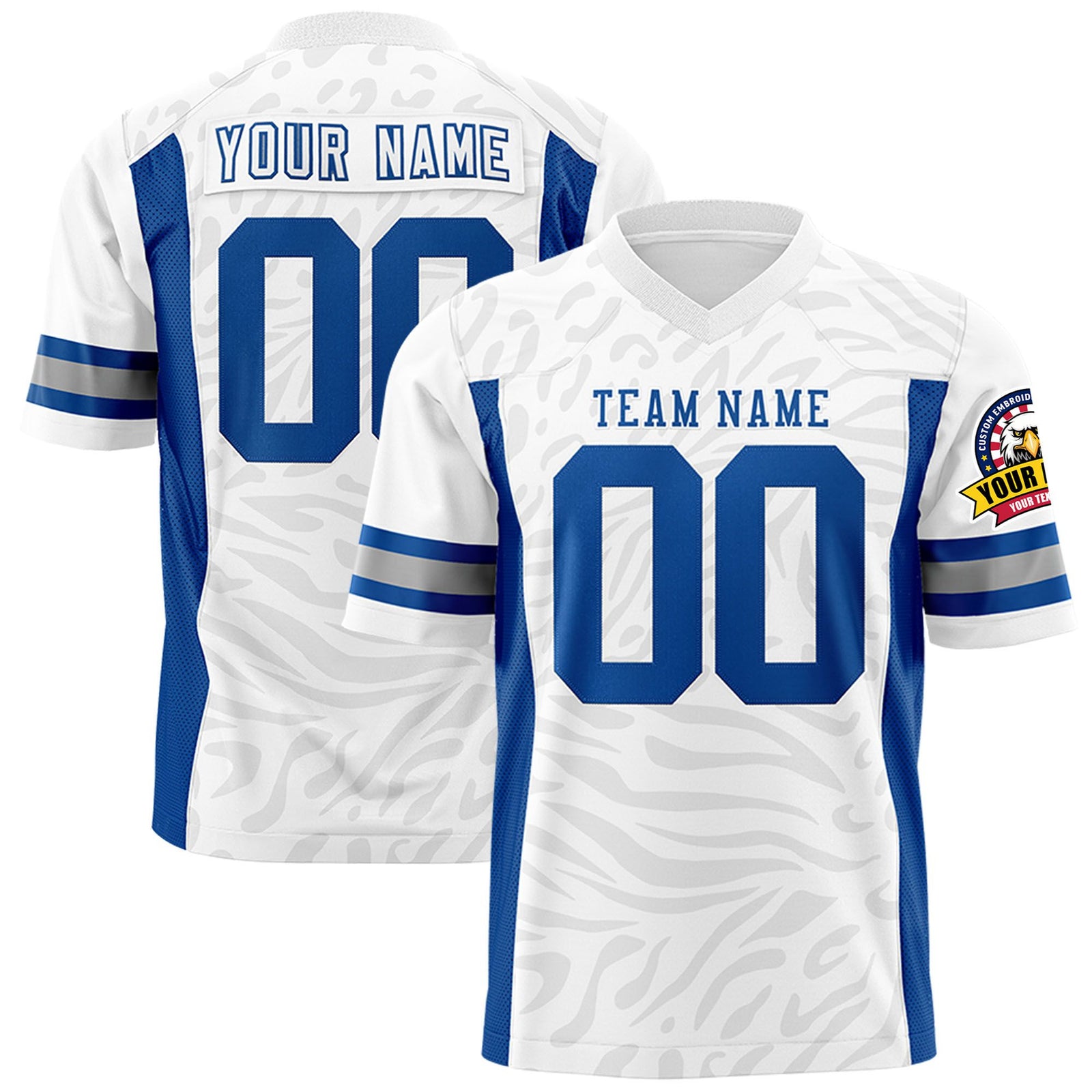 Custom White Gray-Royal Blue Mesh Zebra Style Football Jersey