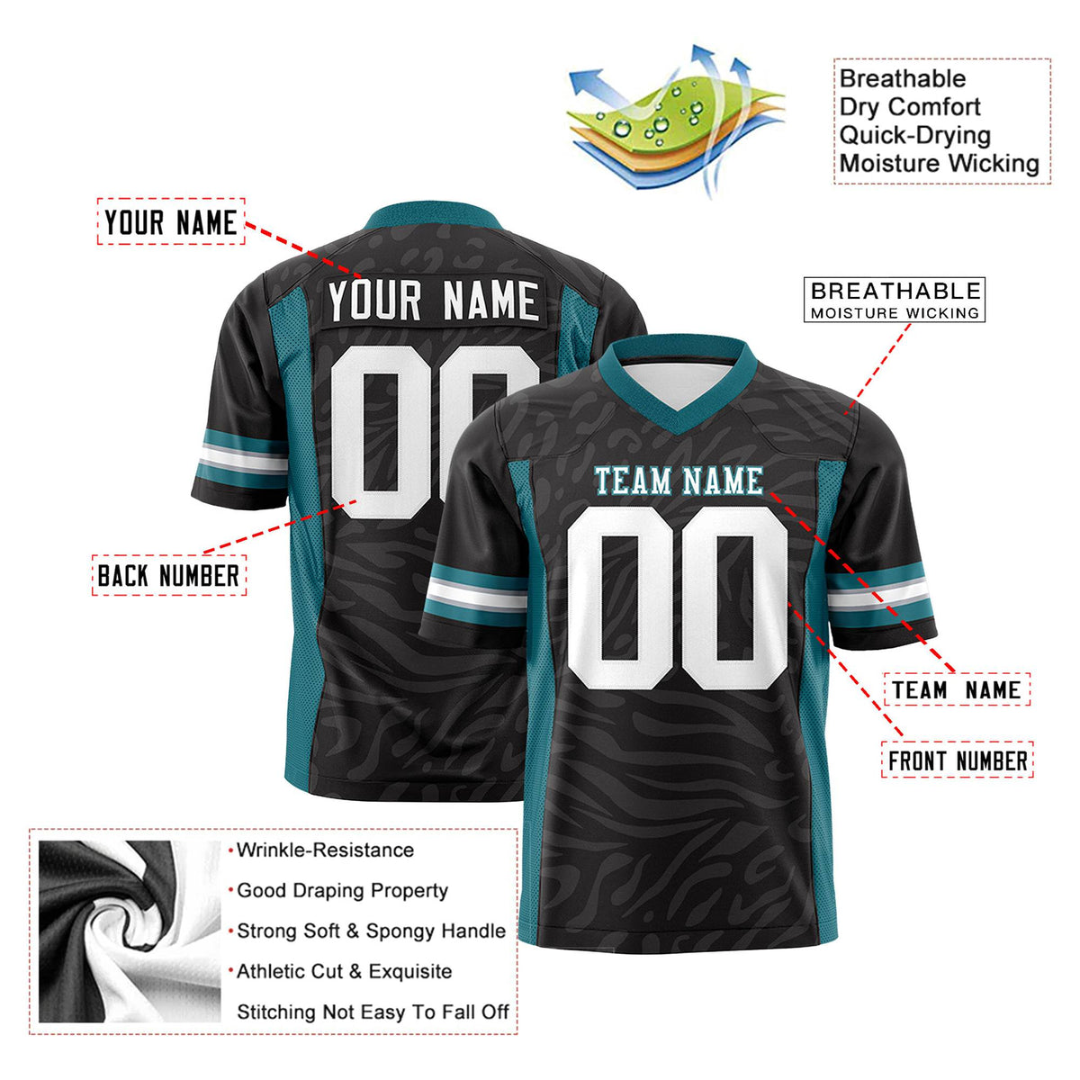 Custom Black Aqua-White Mesh Zebra Style Football Jersey
