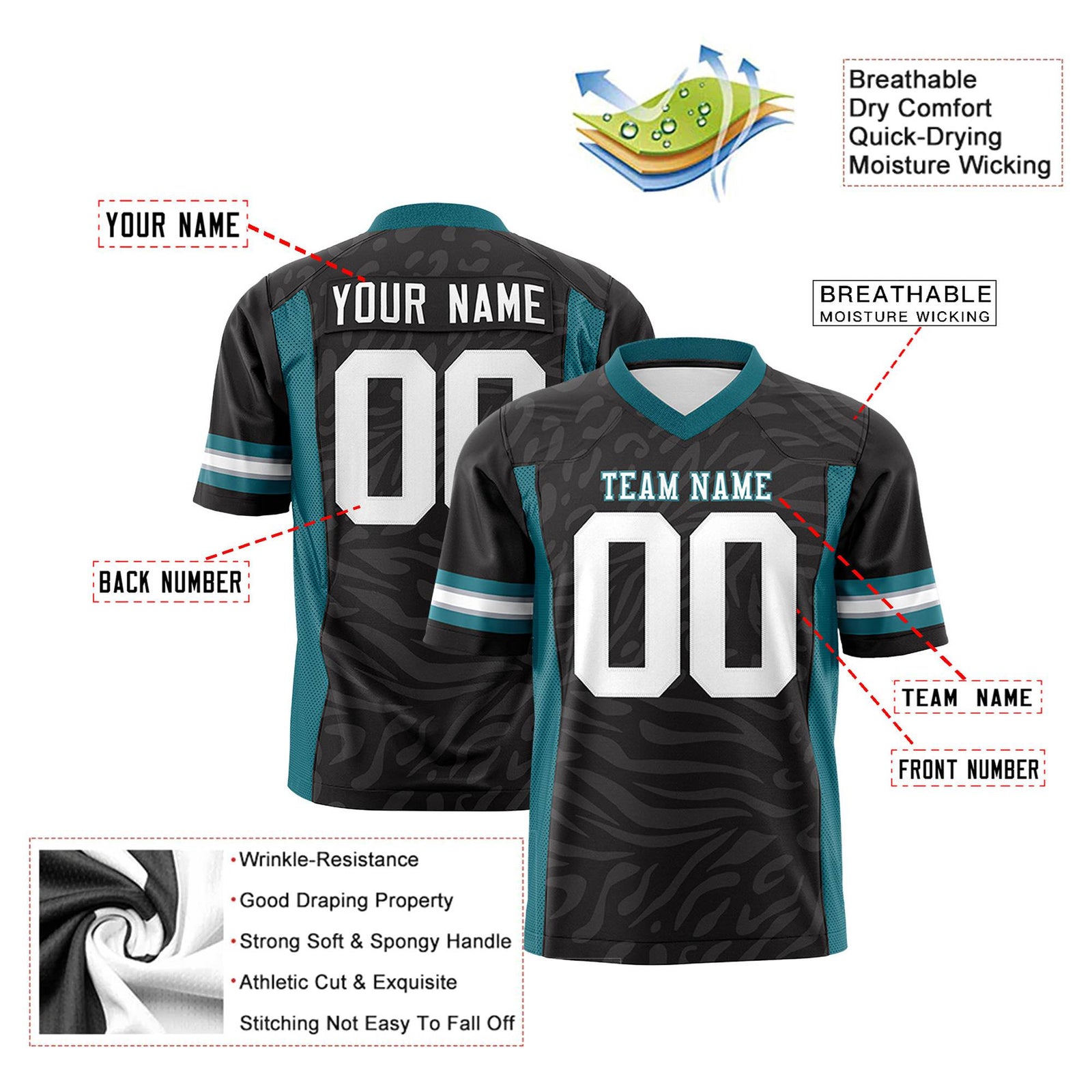Custom Black Aqua-White Mesh Zebra Style Football Jersey