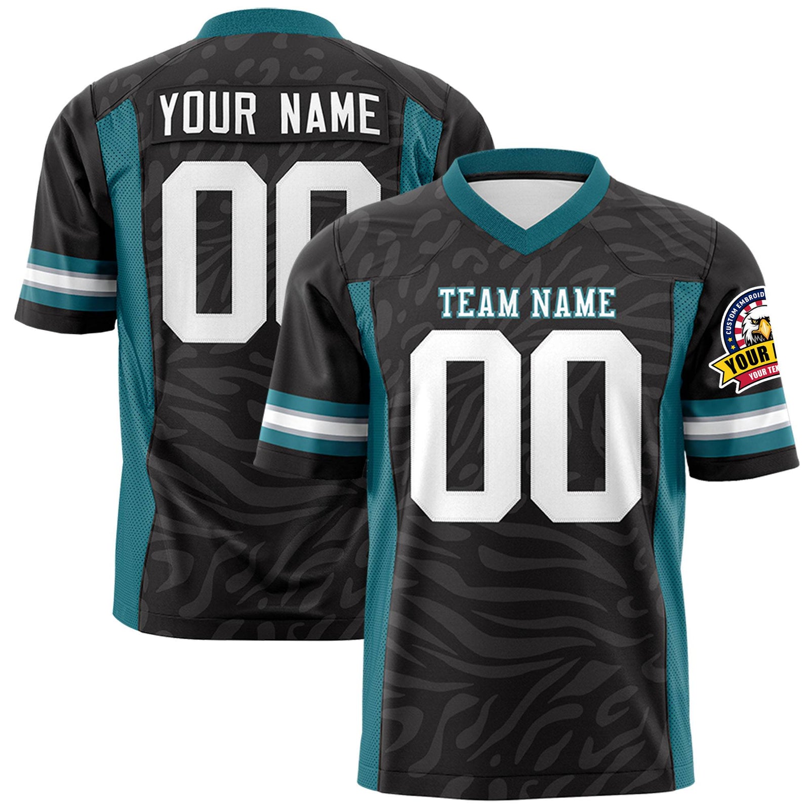 Custom Black Aqua-White Mesh Zebra Style Football Jersey